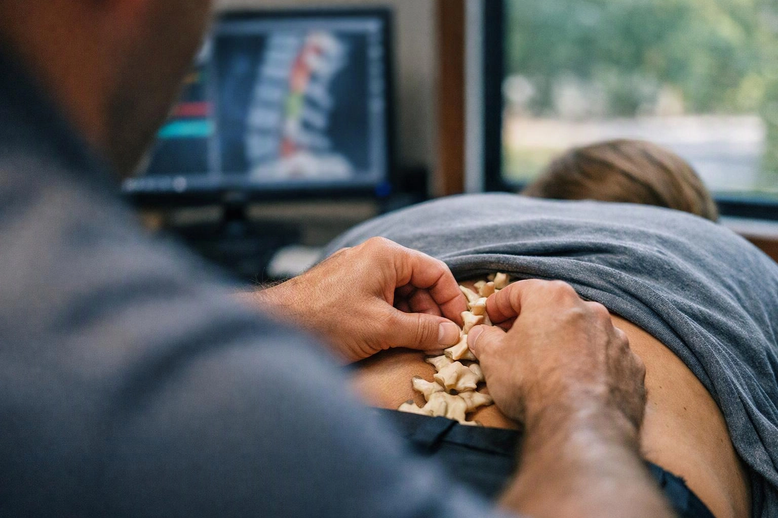 A practitioner adjusts white spine-shaped models on a patient’s bare back in a clinic room