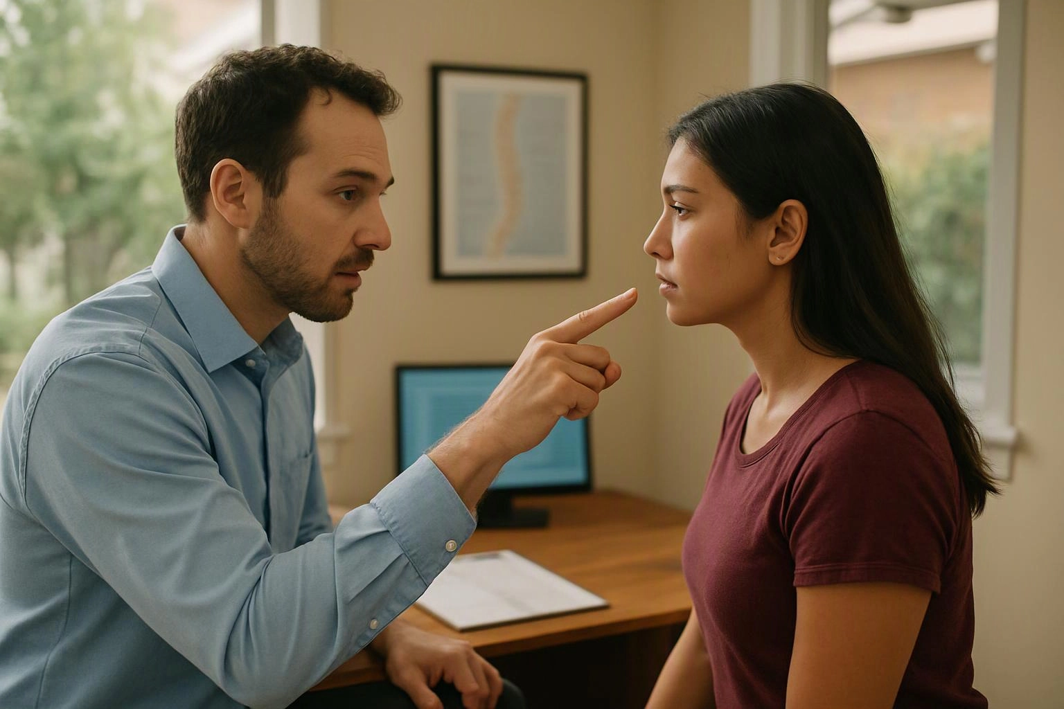 A man points at a woman’s face while they stand in a bright office room with a desk and window
