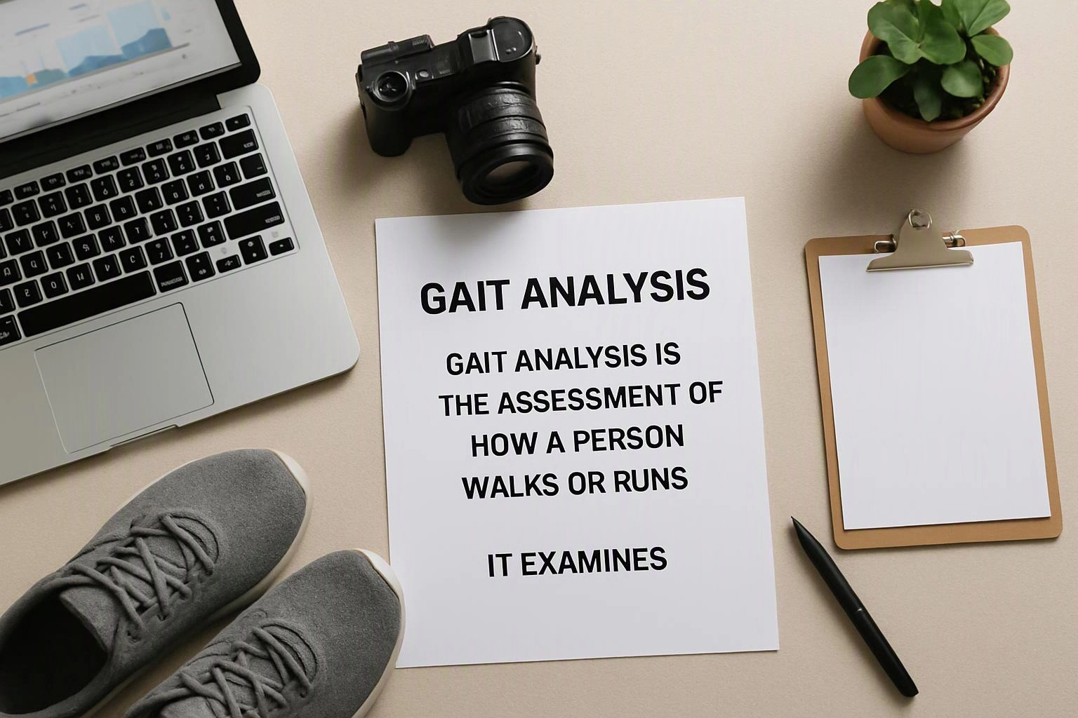 A desk flat lay shows a laptop, camera, shoes, plant, clipboard, pen, and a paper titled "GAIT ANALYSIS"