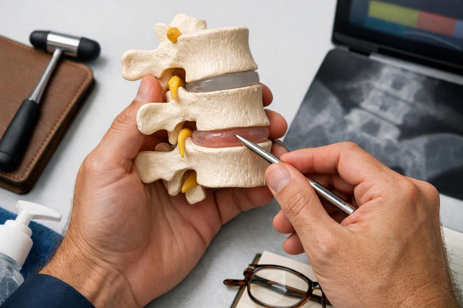 Hands hold a spine model while a metal pointer marks a disc beside an X-ray on a desk