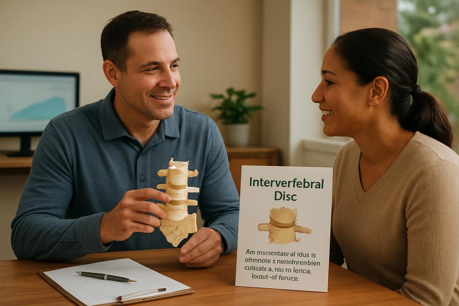 Two smiling people sit at a table, looking at a spine model and a card labeled "Intervertebral Disc"