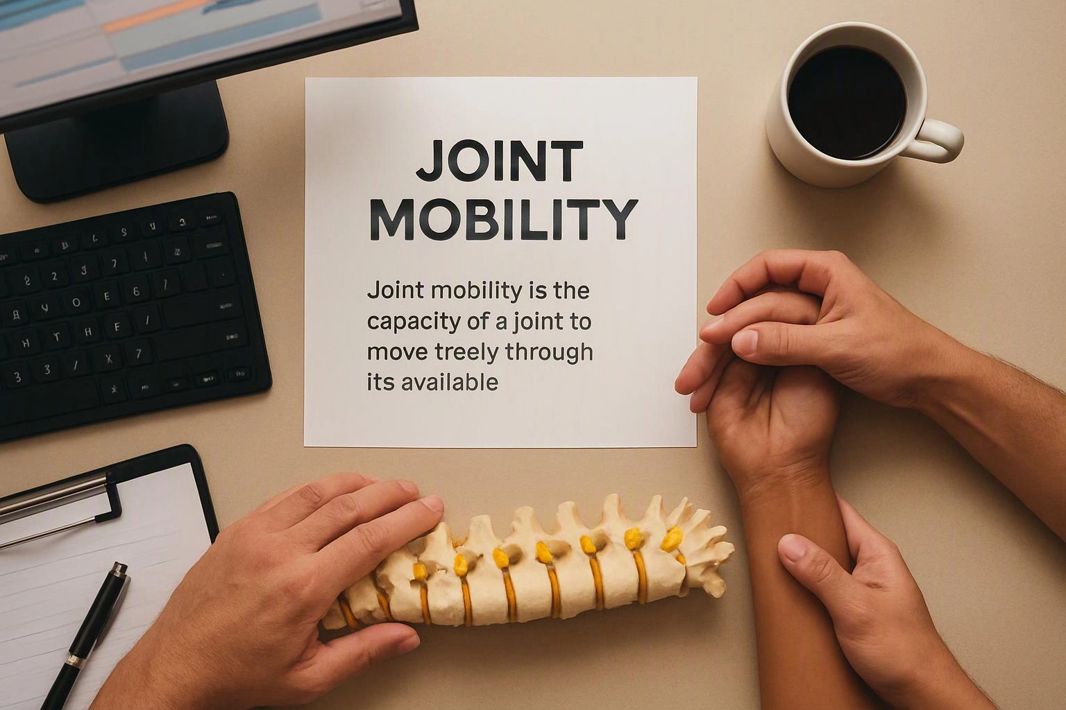 A desk scene shows hands holding an arm and a spine model beside a paper titled “JOINT MOBILITY”