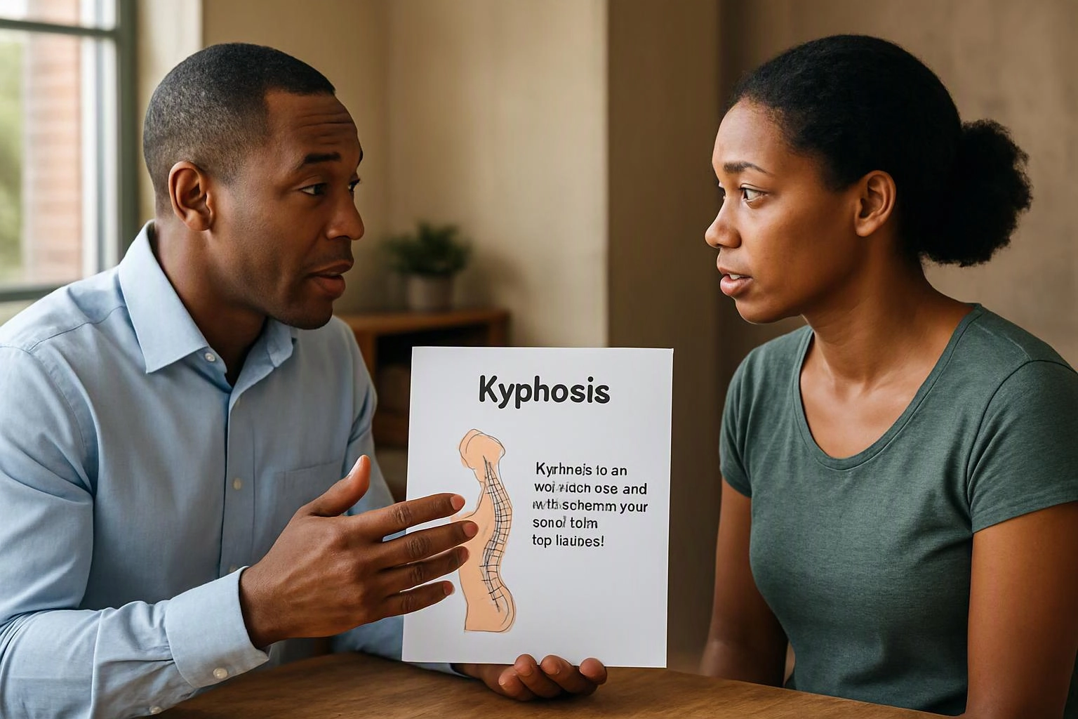 A man shows a kyphosis diagram to a woman as they talk at a table indoors
