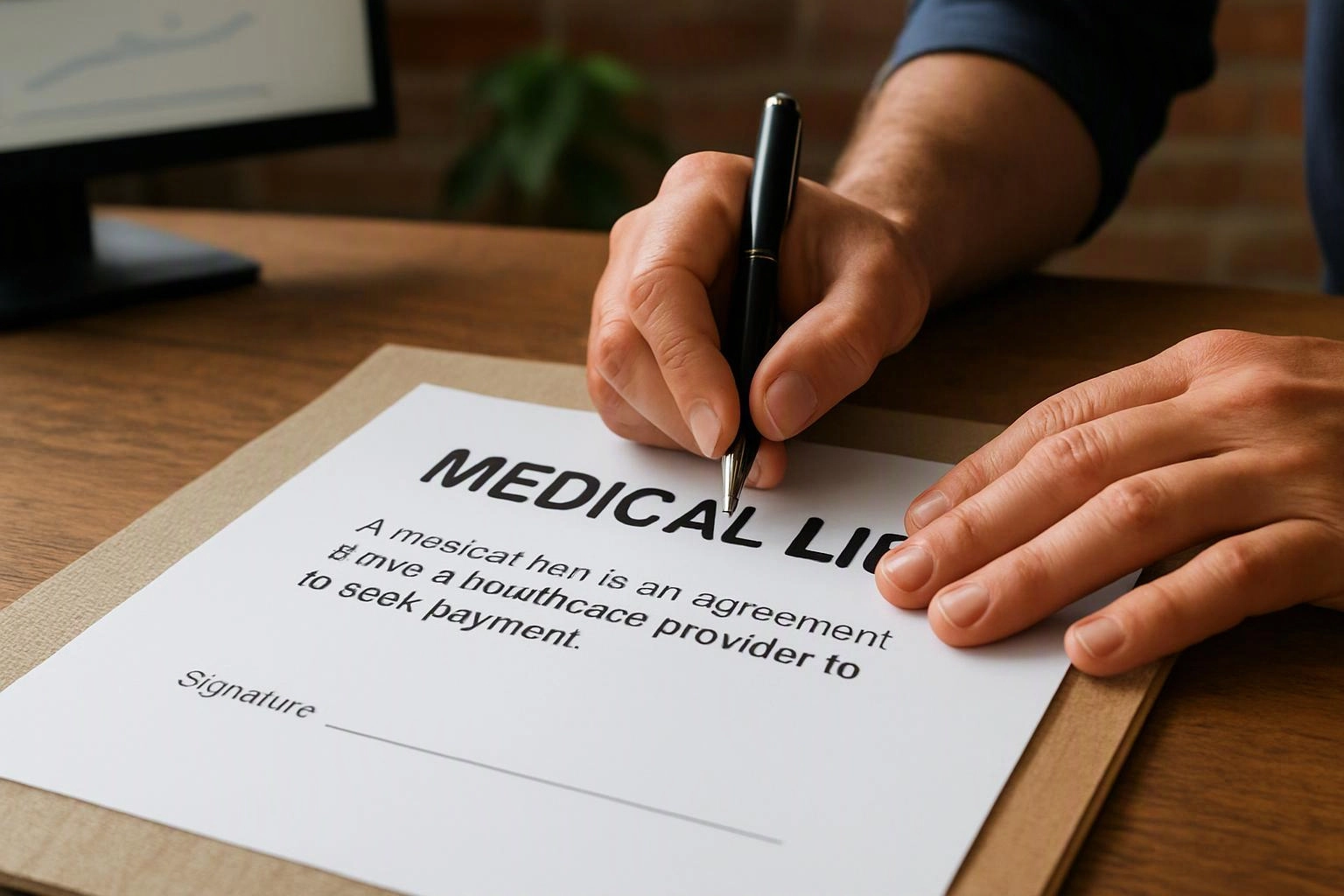 Hands sign a medical liability form on a clipboard at a wooden desk