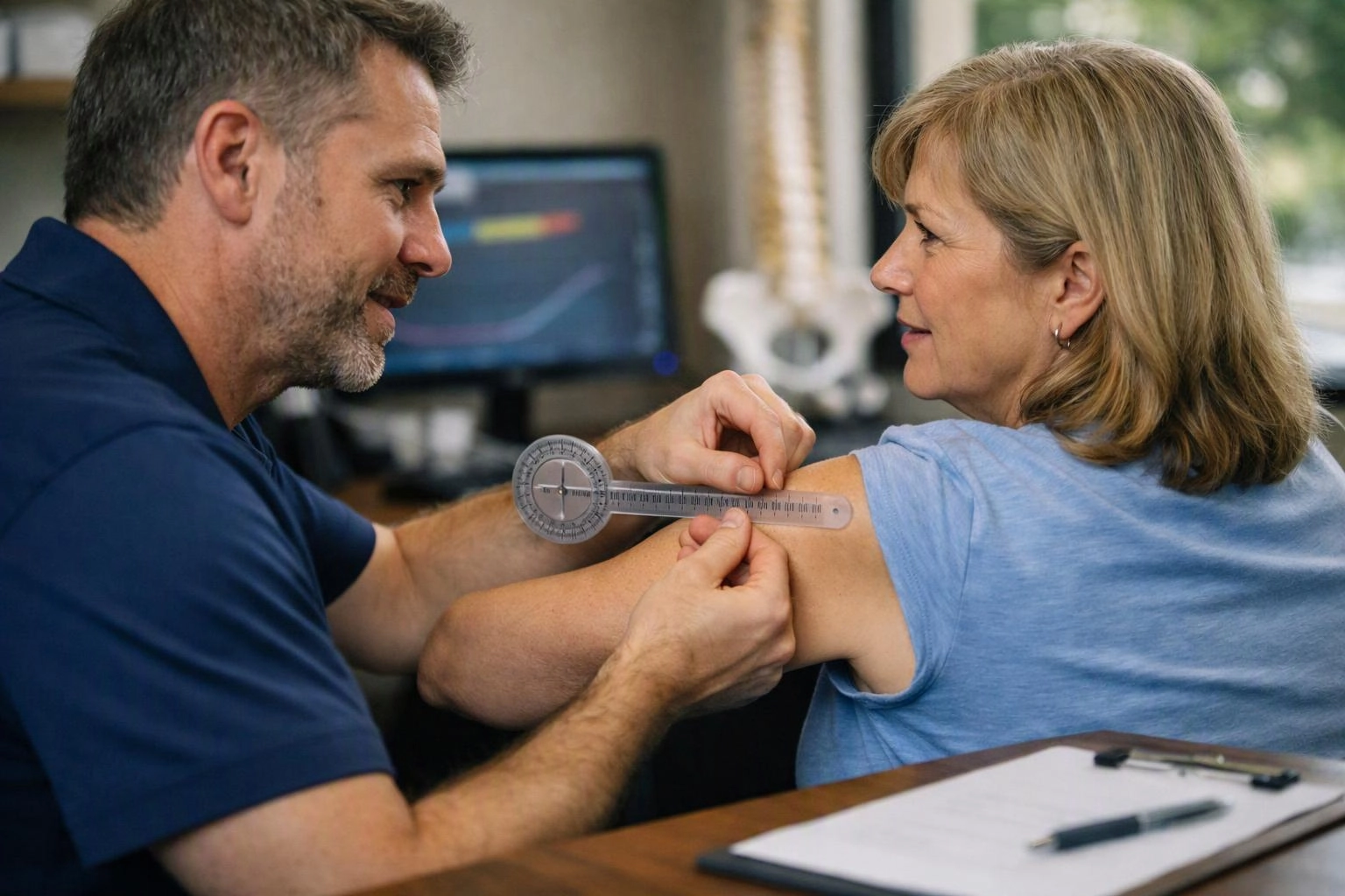 A man measures a woman’s shoulder with a goniometer in a clinic office