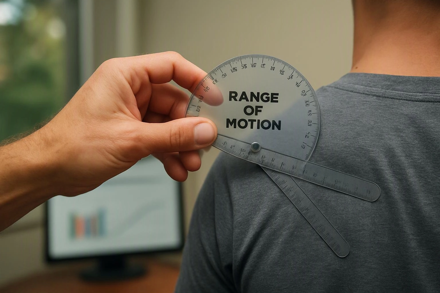 A hand holds a transparent goniometer against a person’s shoulder, measuring range of motion