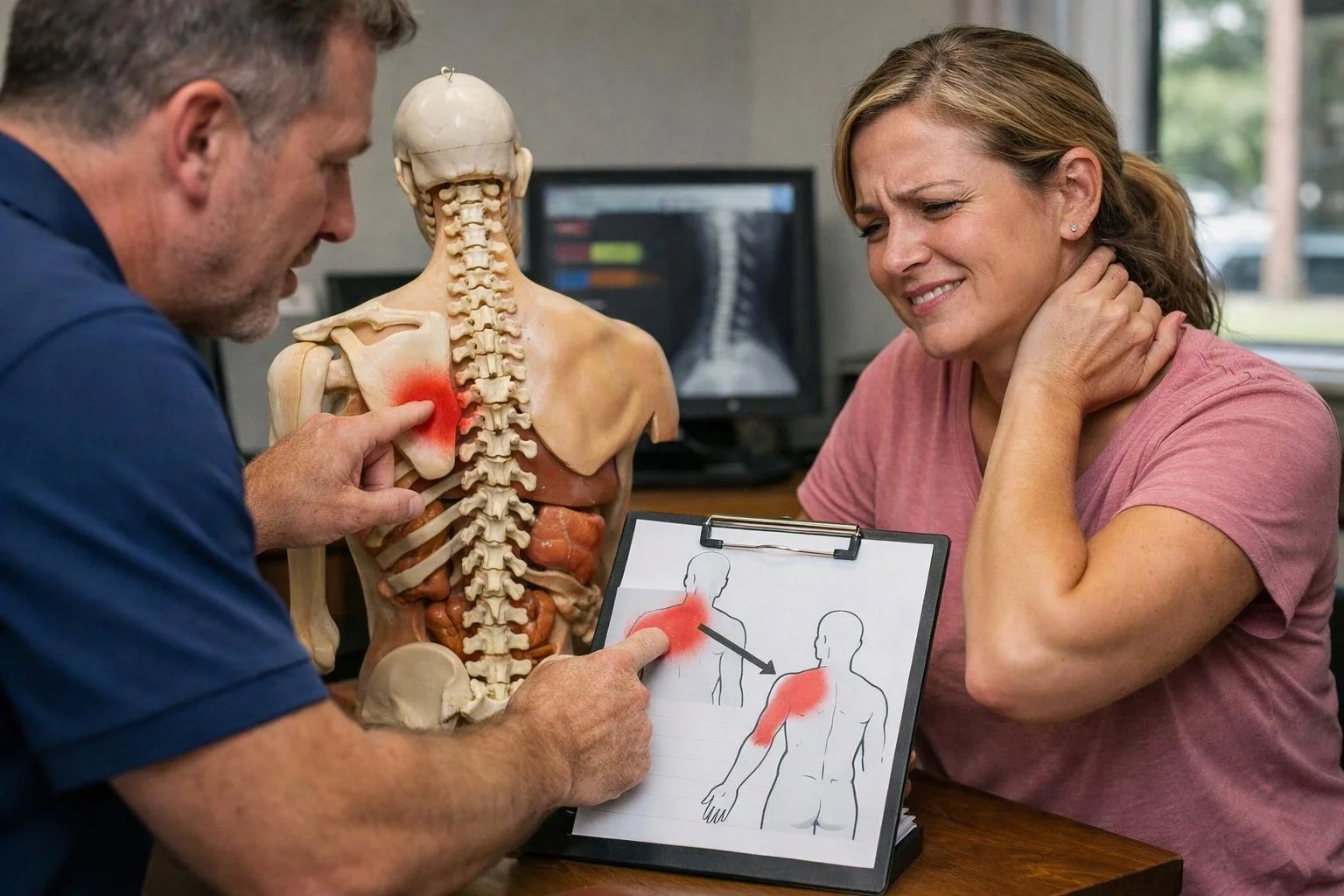 A man points to a spine model while a woman holds her neck and grimaces in a clinic room