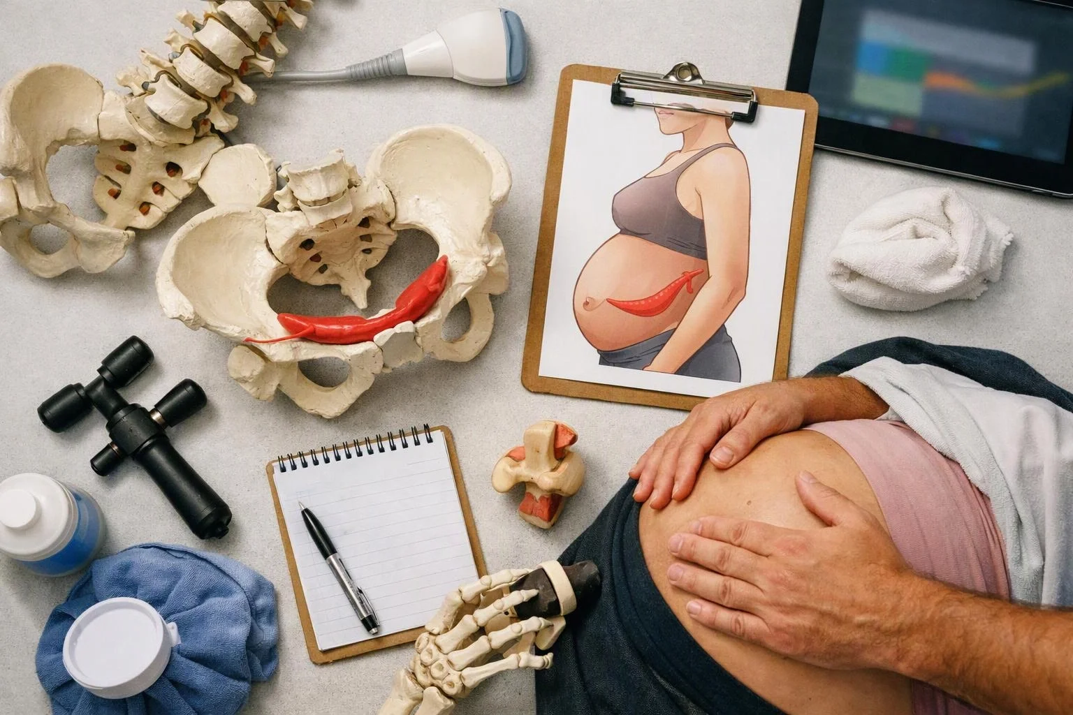 A therapist examines a pregnant abdomen beside anatomy models, exercise tools, and a clipboard on a clinic table