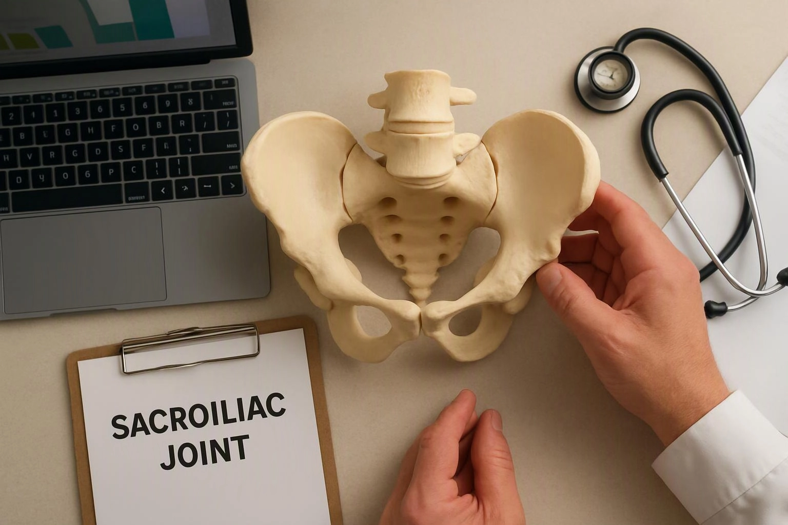 A doctor’s hands hold a pelvis model beside a laptop, clipboard labeled “SACROILIAC JOINT,” and stethoscope on a desk