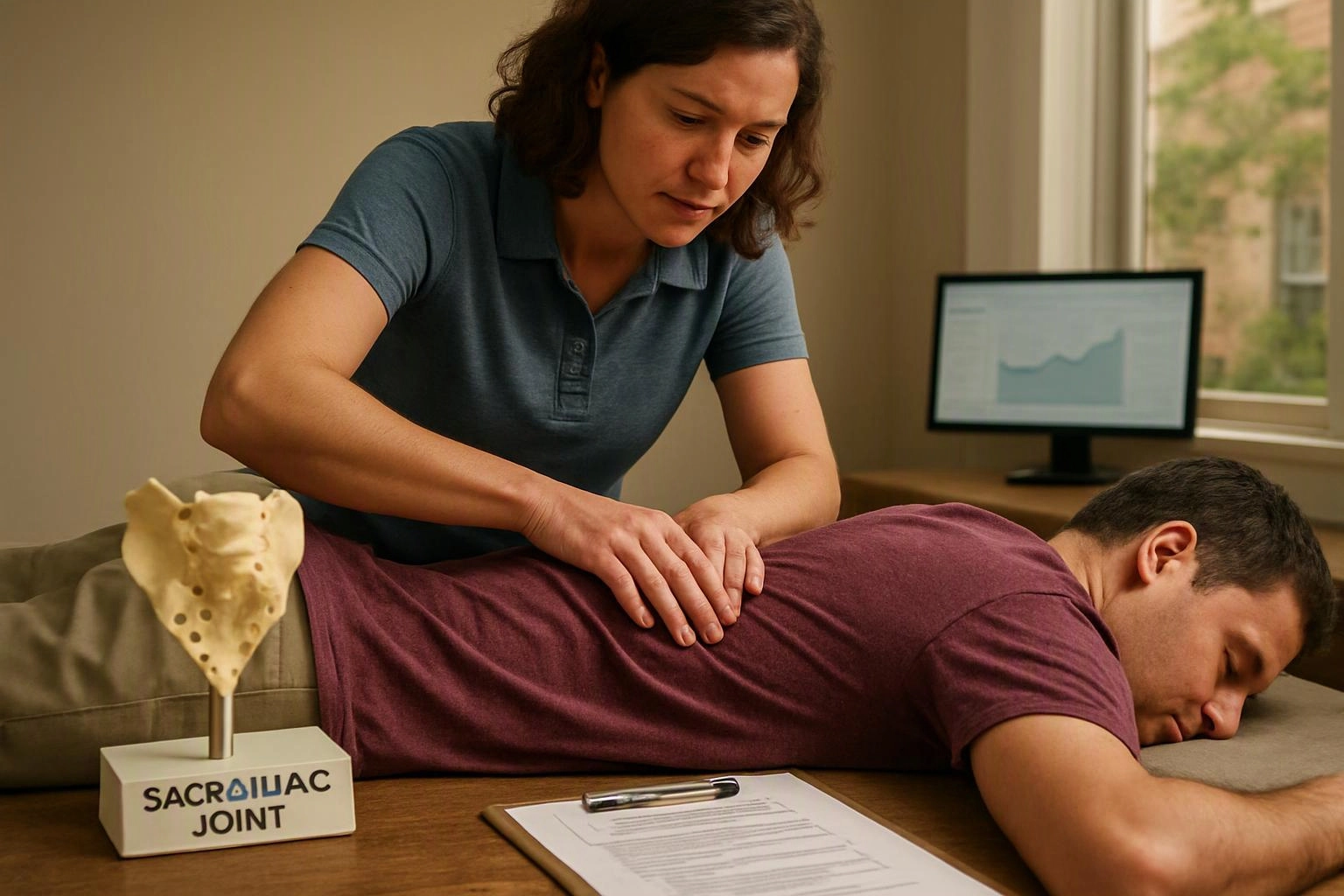 A woman gives a man a back massage beside a small joint model and paperwork on a table