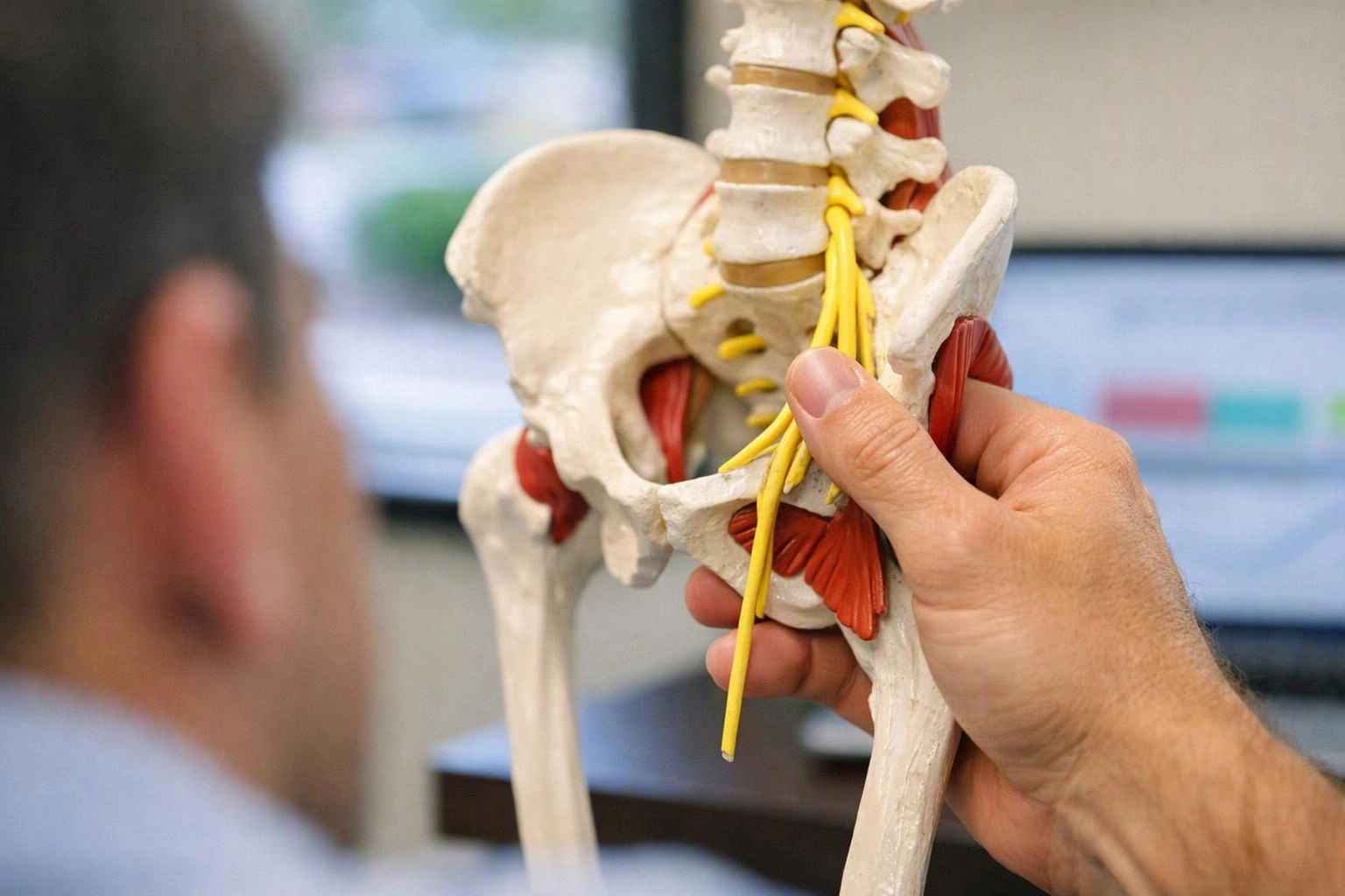 A hand holds a pelvis and spine anatomy model with yellow nerves and red muscles in a classroom setting