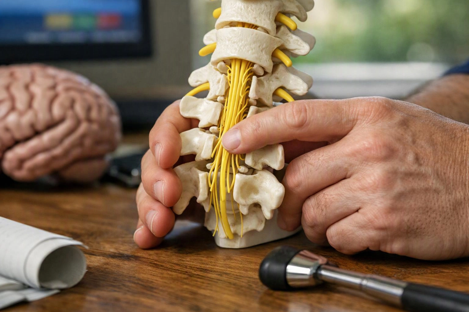 A doctor points to a spine model with yellow nerves on a desk beside a brain model and medical tools