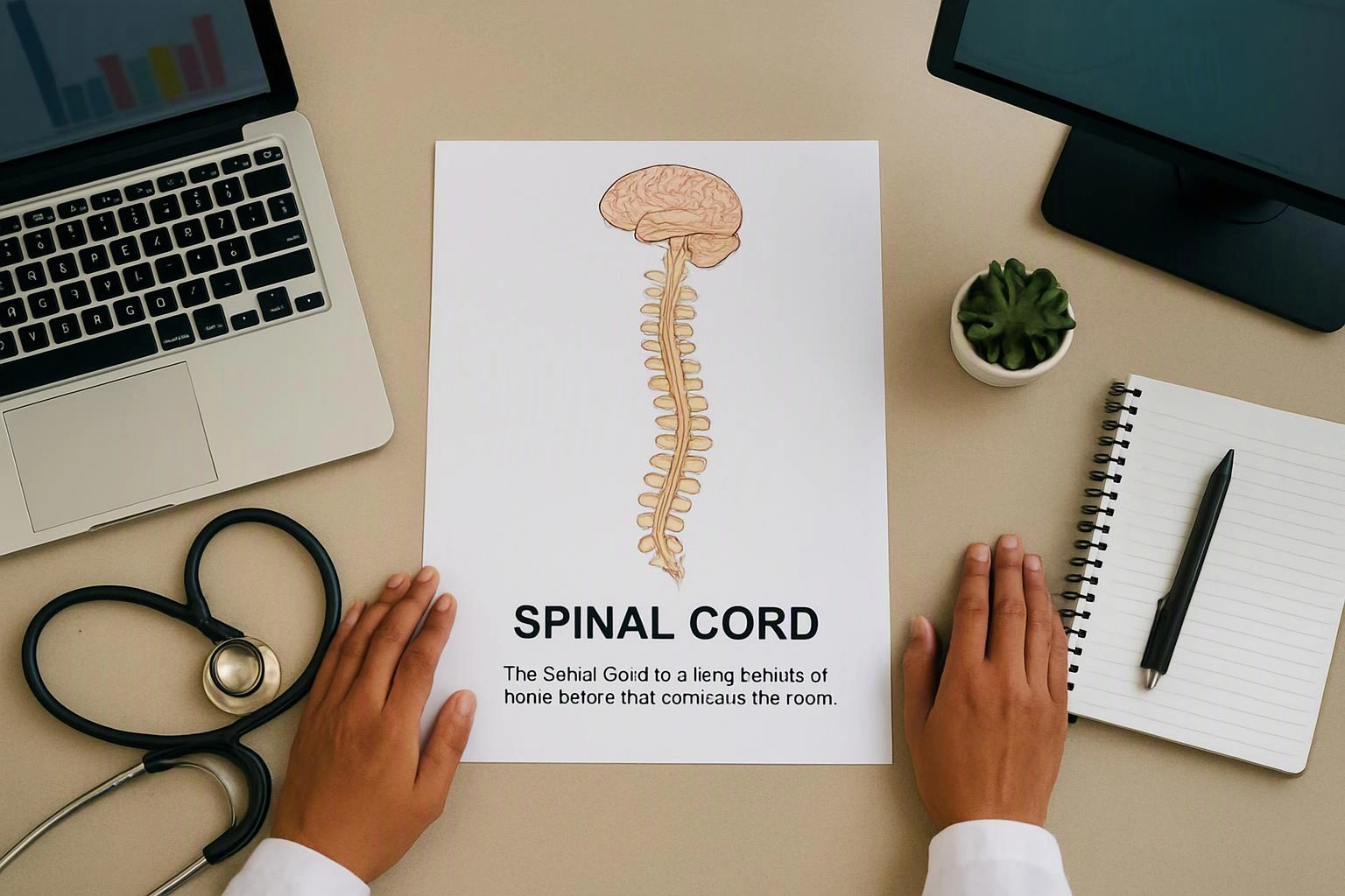 Hands place a spinal cord poster on a desk with a laptop, stethoscope, notebook, pen, plant, and monitor