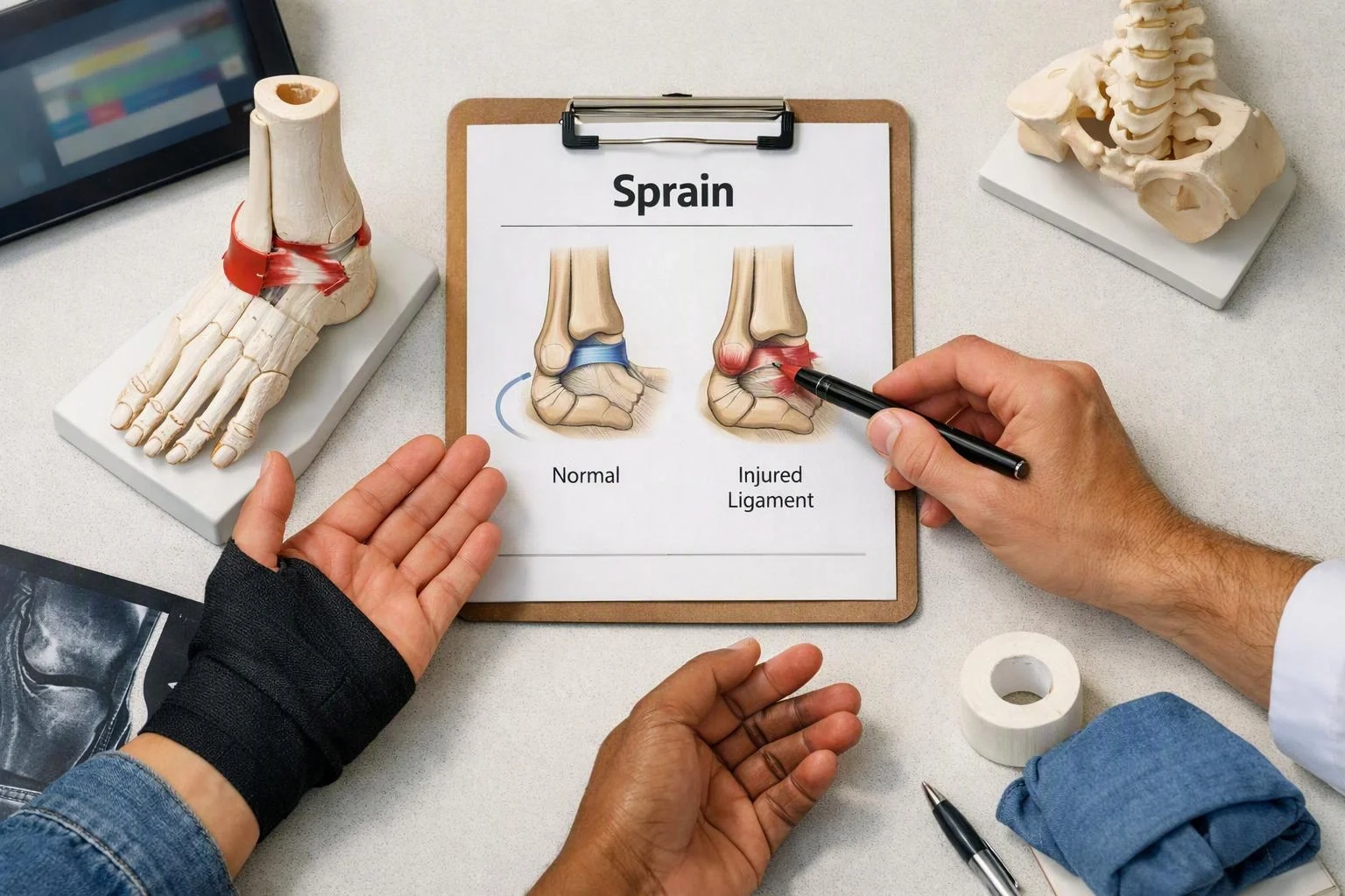 Hands point to a clipboard showing a sprain diagram beside anatomical bone models on a table