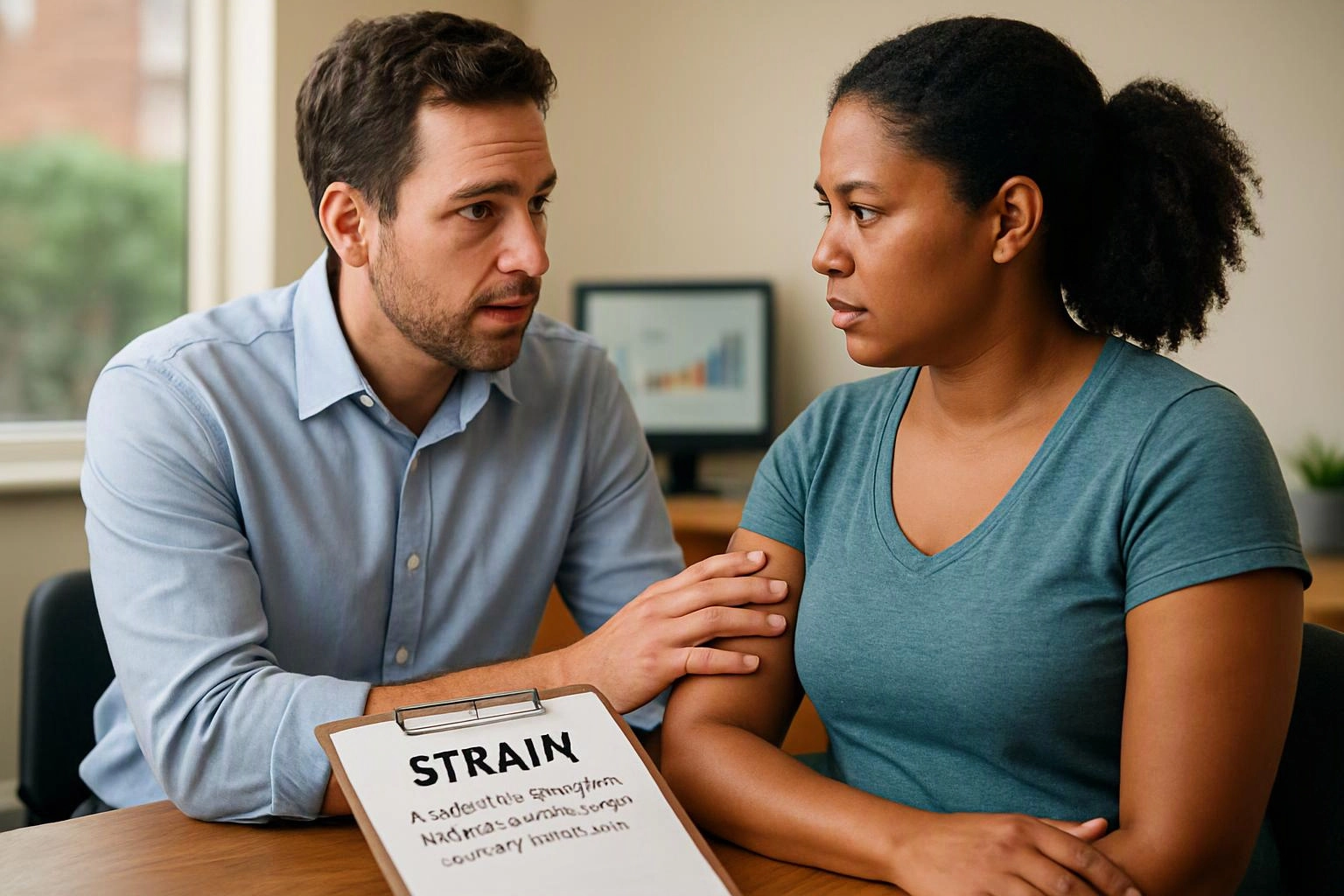 A man gently touches a woman’s arm while they sit at a table, with a clipboard labeled “STRAIN” in front of them