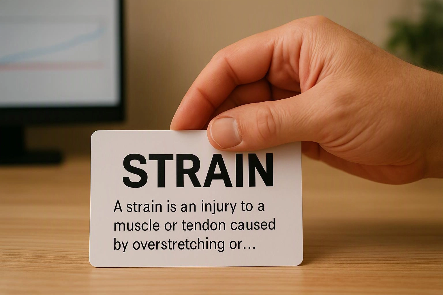 A hand holds a card on a desk that reads “STRAIN” with a short definition below