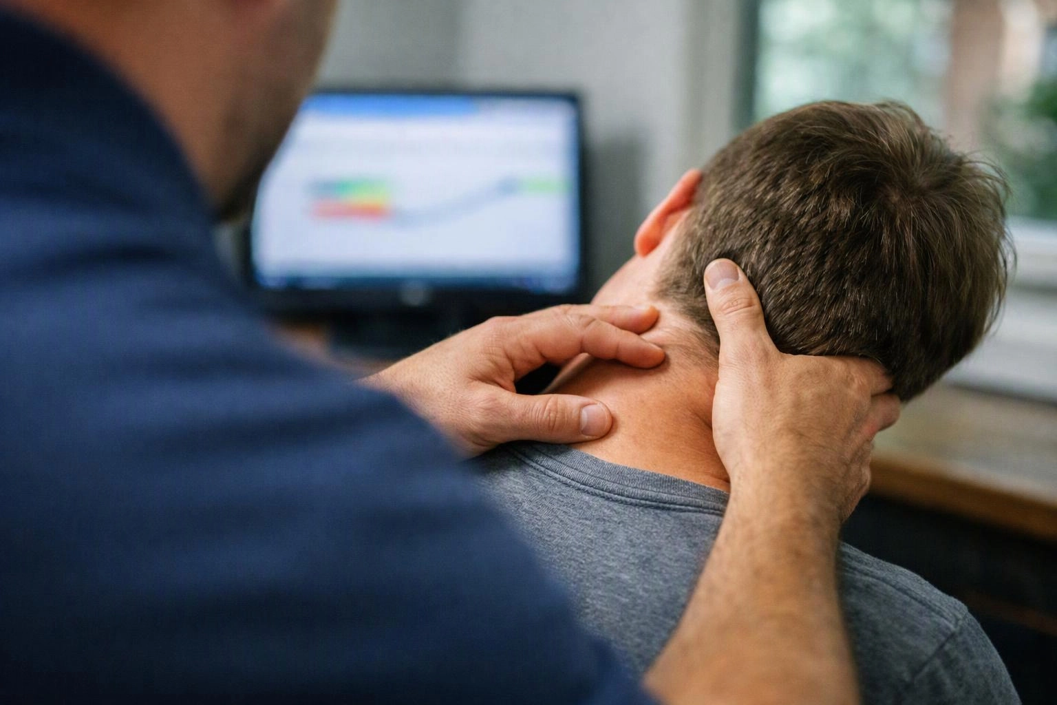 A clinician massages a patient’s neck while a blurred computer monitor glows in the background