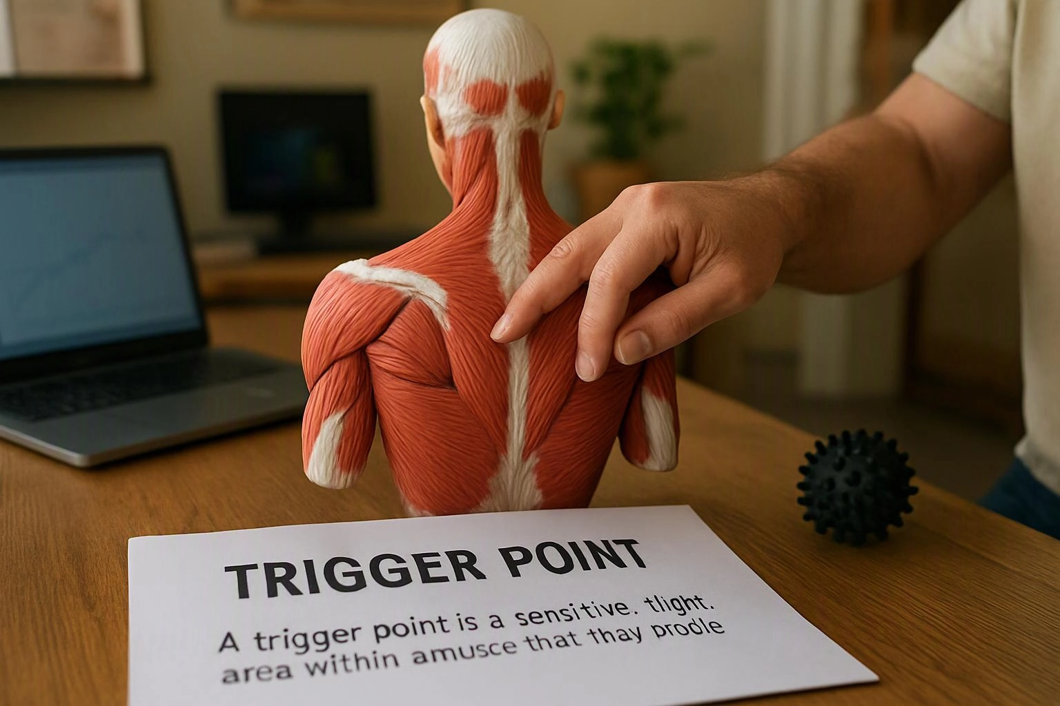A hand points to a muscle anatomy model beside a laptop and a paper labeled “TRIGGER POINT”