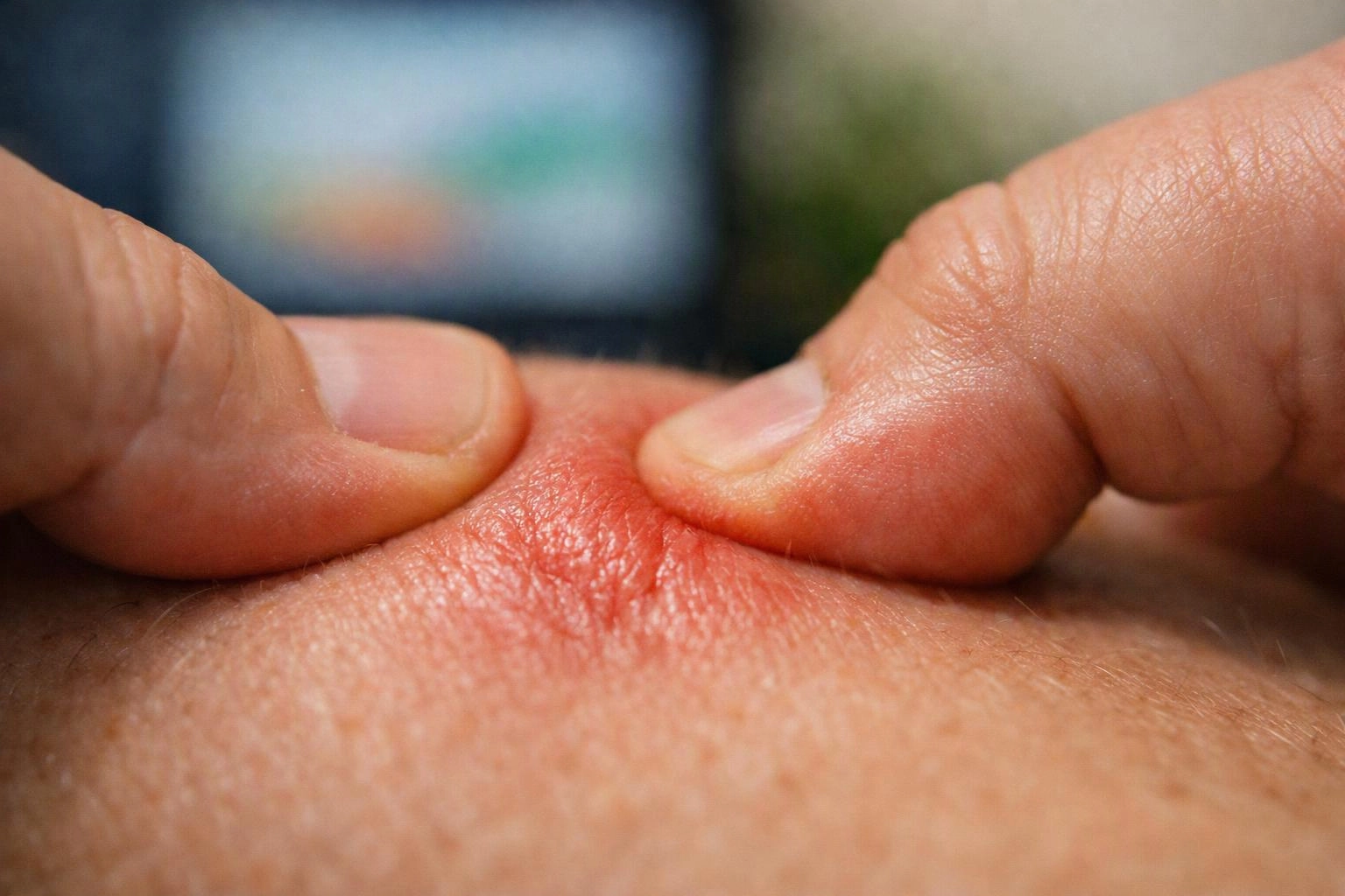 Two fingers press a red, irritated patch of skin in a close-up view