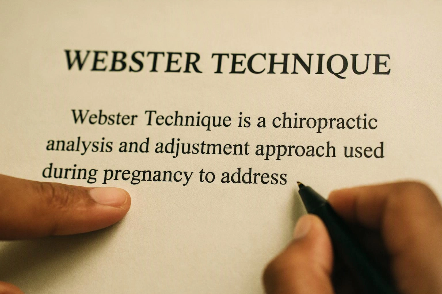 A hand points at a printed page while another holds a pen near the word “pregnancy”