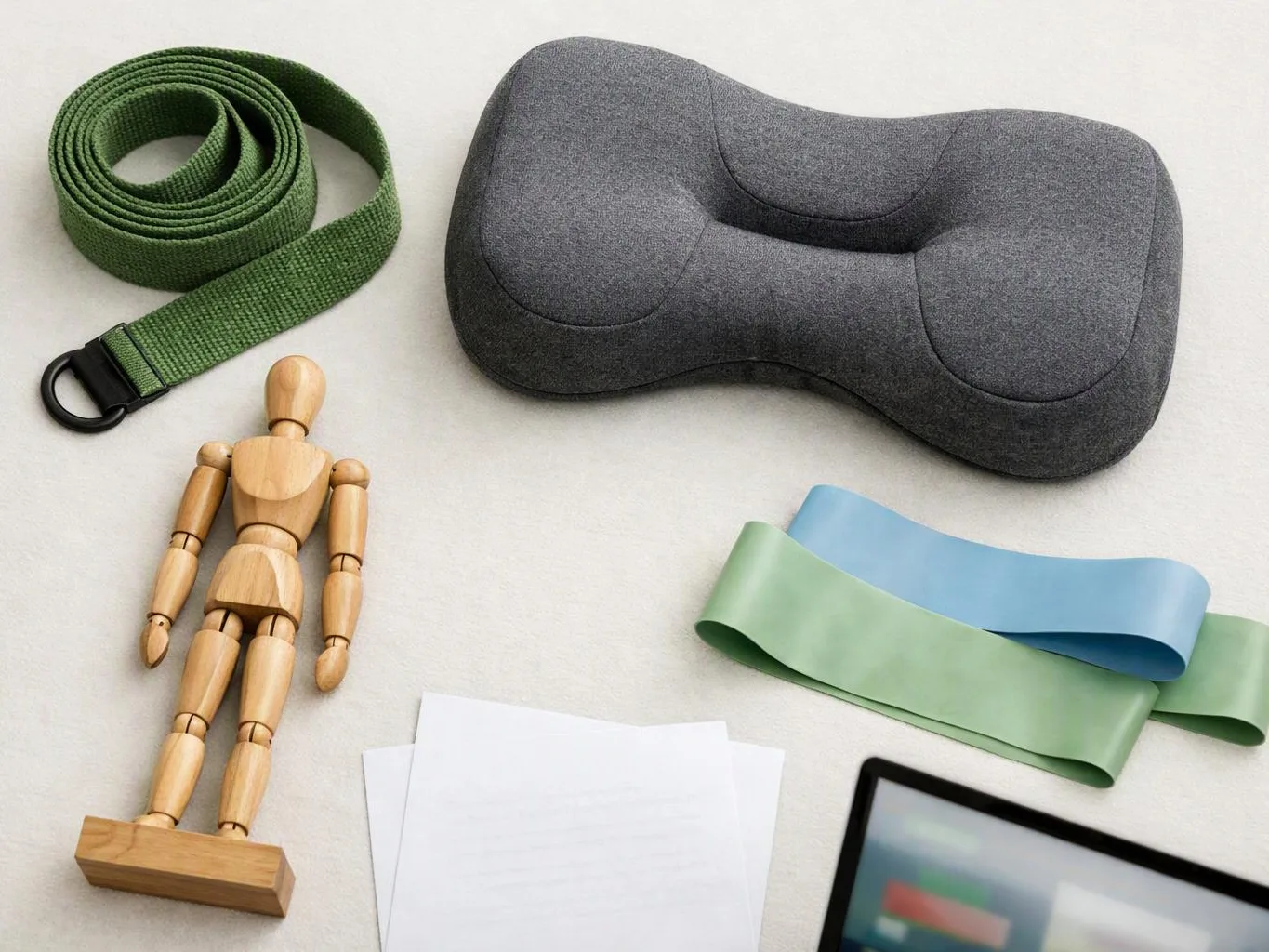 A gray neck pillow, green strap, wooden mannequin, resistance bands, paper sheets