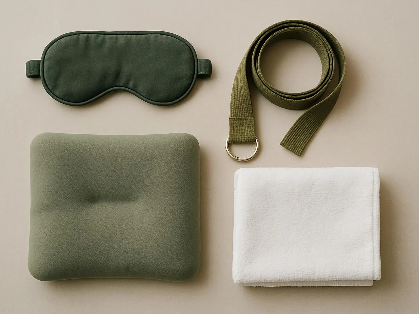 A green sleep mask, rolled olive belt, square cushion, and folded white towel lie on a beige surface
