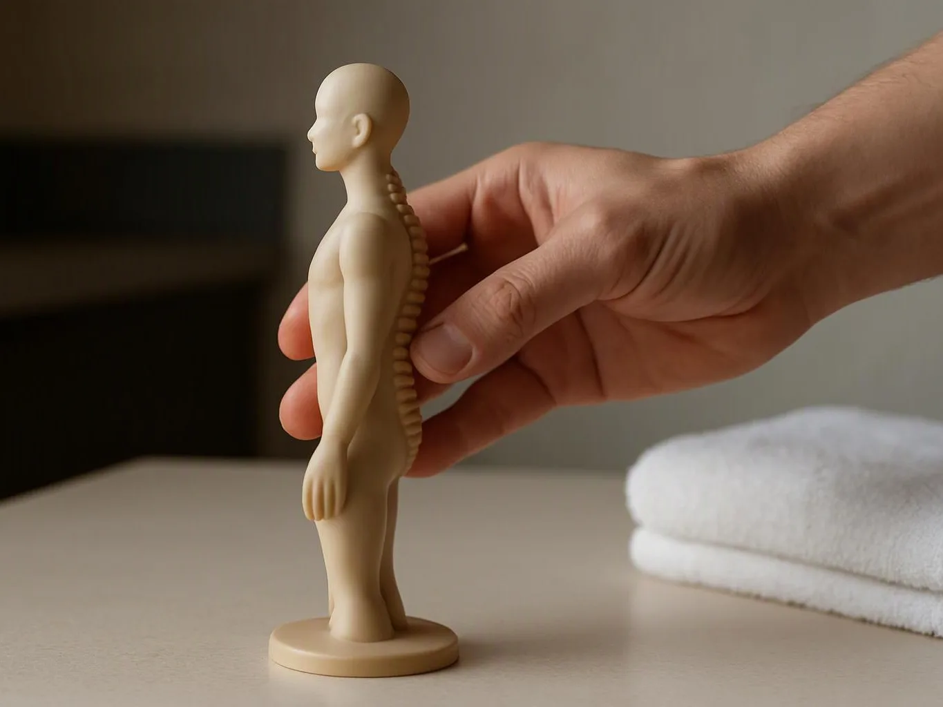 A hand holds a small nude human figurine with a visible spine beside folded white towels on a table