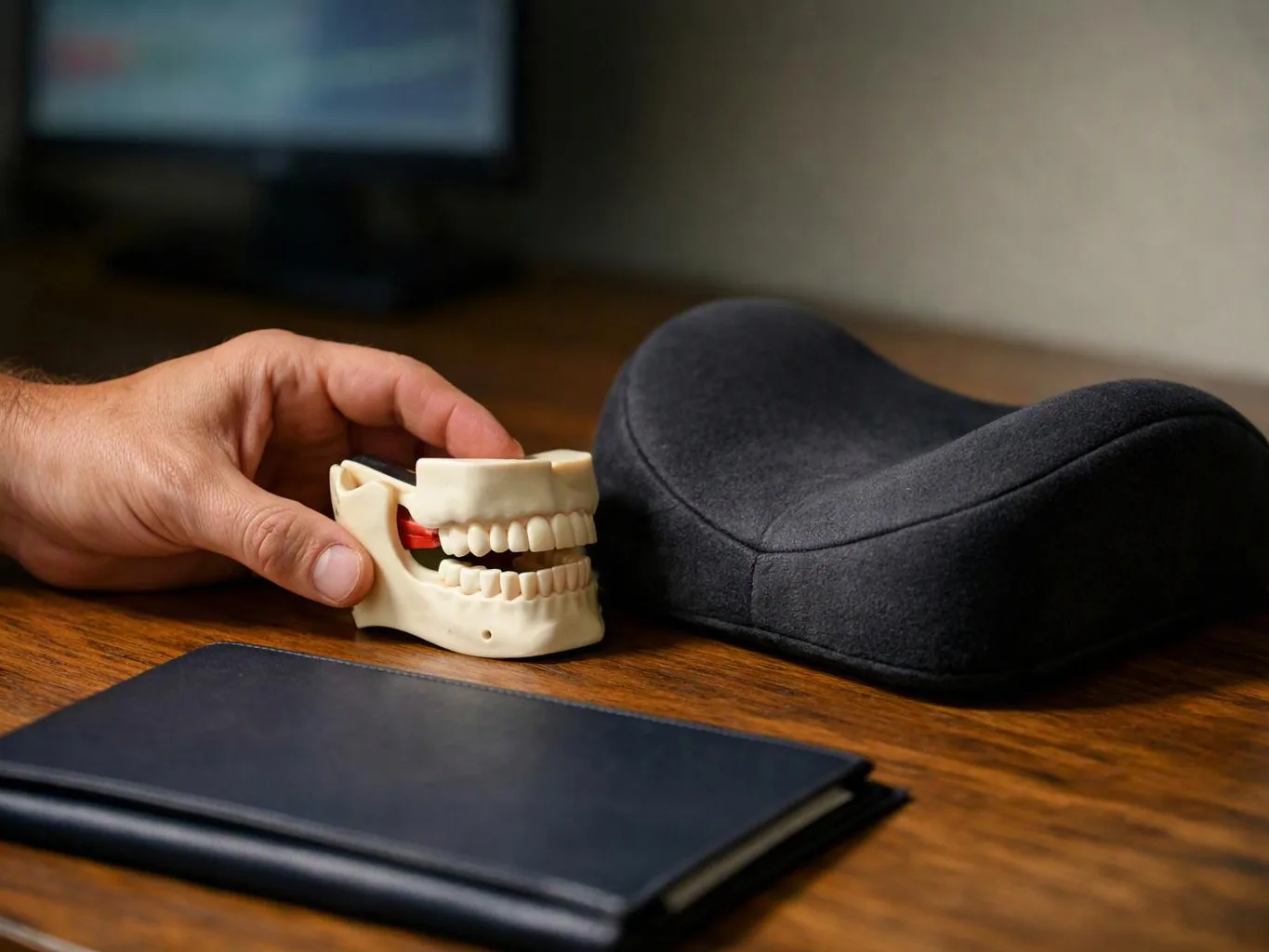 A hand holds a small plastic jaw model beside a black face cushion on a wooden desk