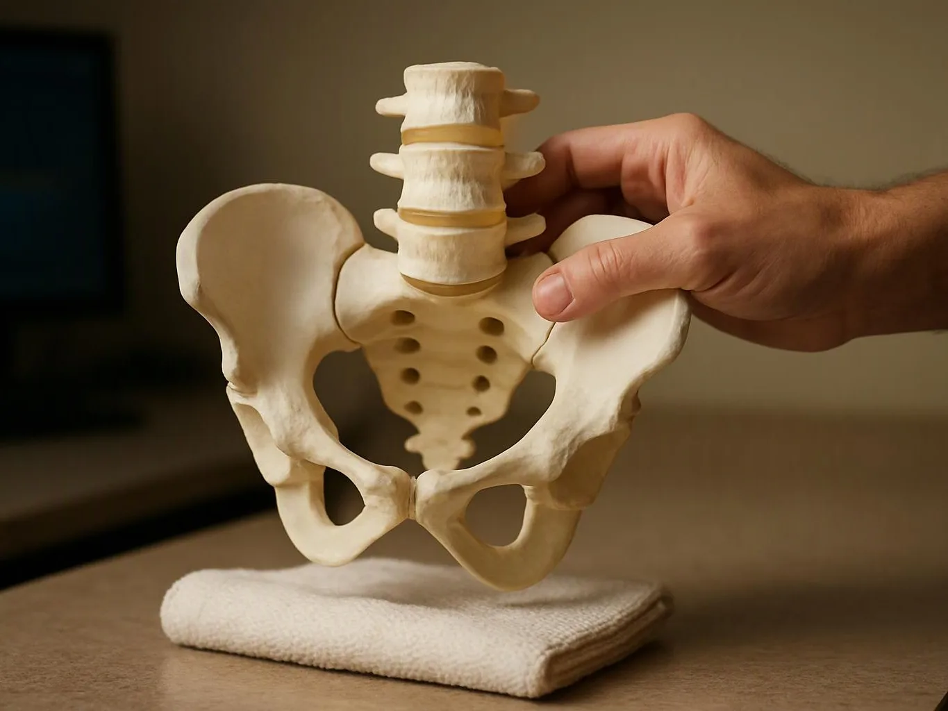 A hand holds a small plastic pelvis and spine model above a folded cloth on a table