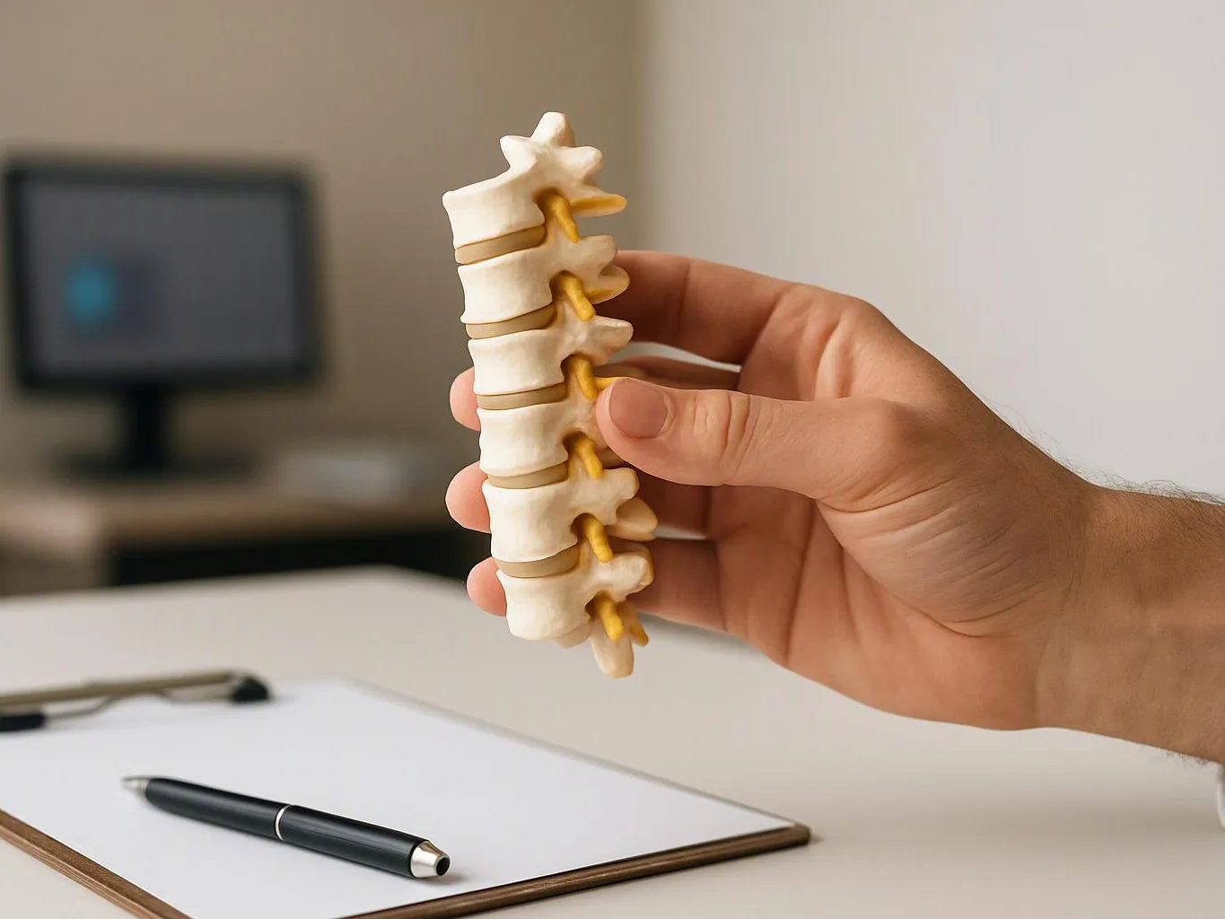 A hand holds a small spine model above a desk with a clipboard and pen, and a blurred monitor behind it