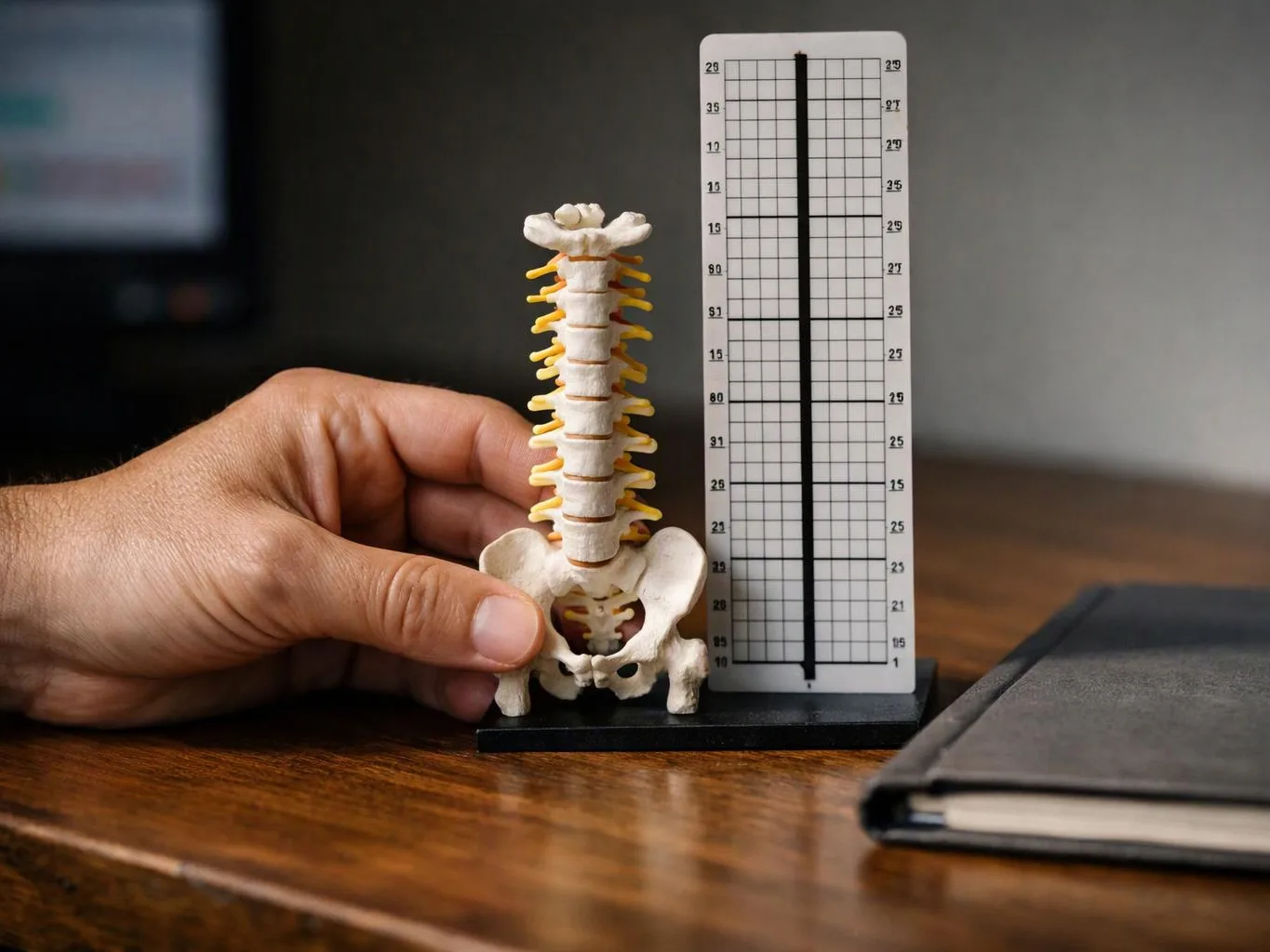 A hand holds a small spine model beside a measuring grid on a wooden desk