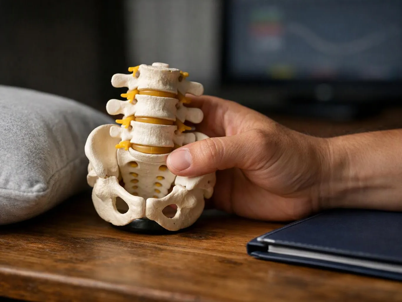 A hand holds a small spine model on a wooden desk beside a cushion and notebook