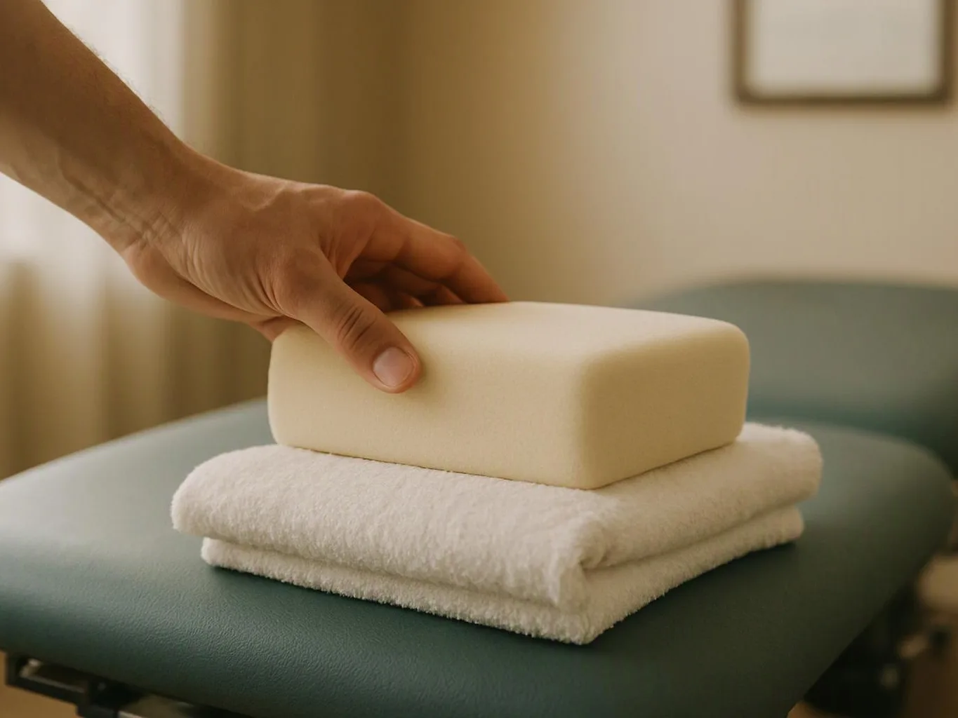 A hand places a beige foam block on folded white towels atop a green padded table