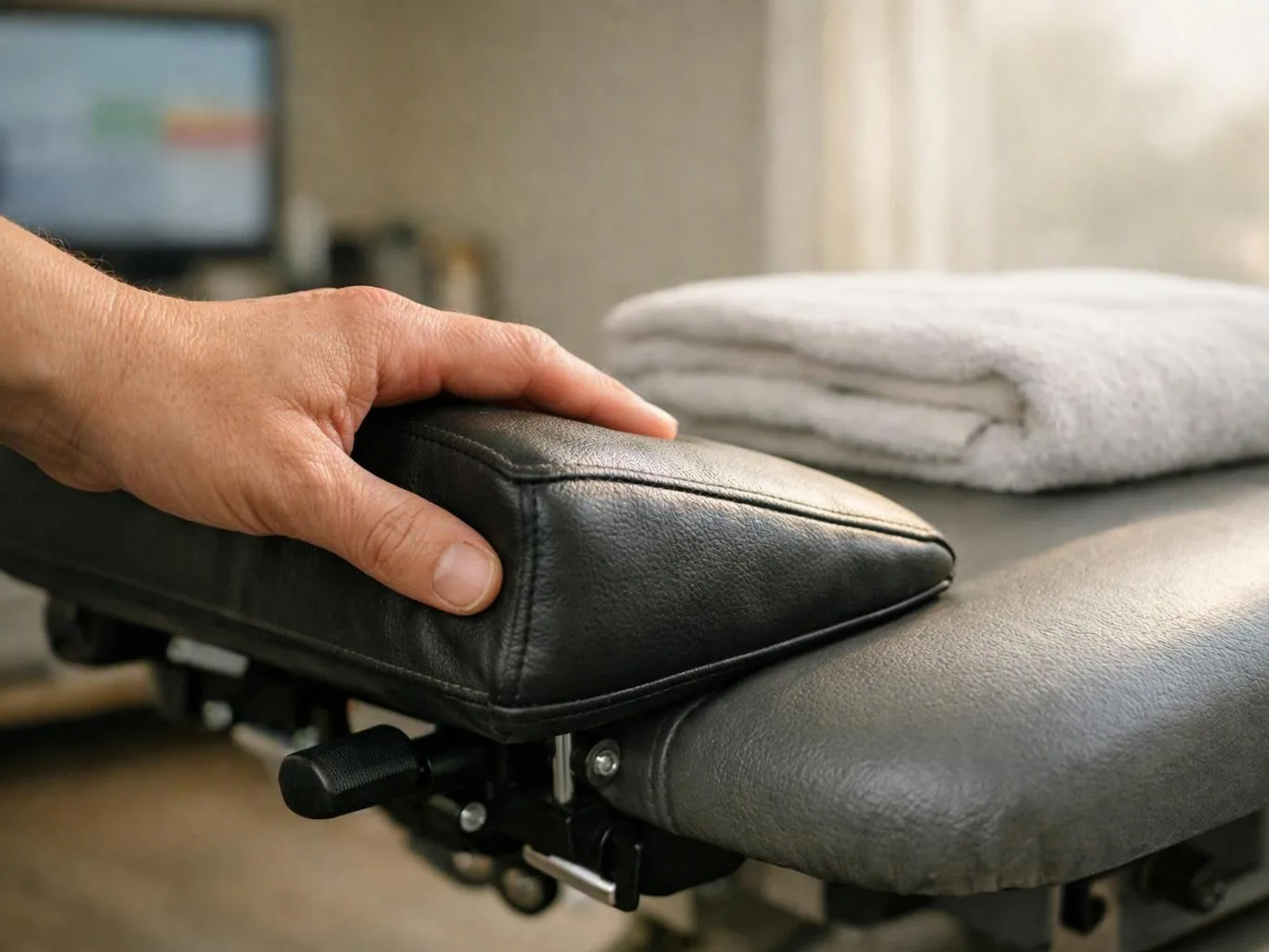 A hand presses a black padded armrest beside a folded towel on a treatment table