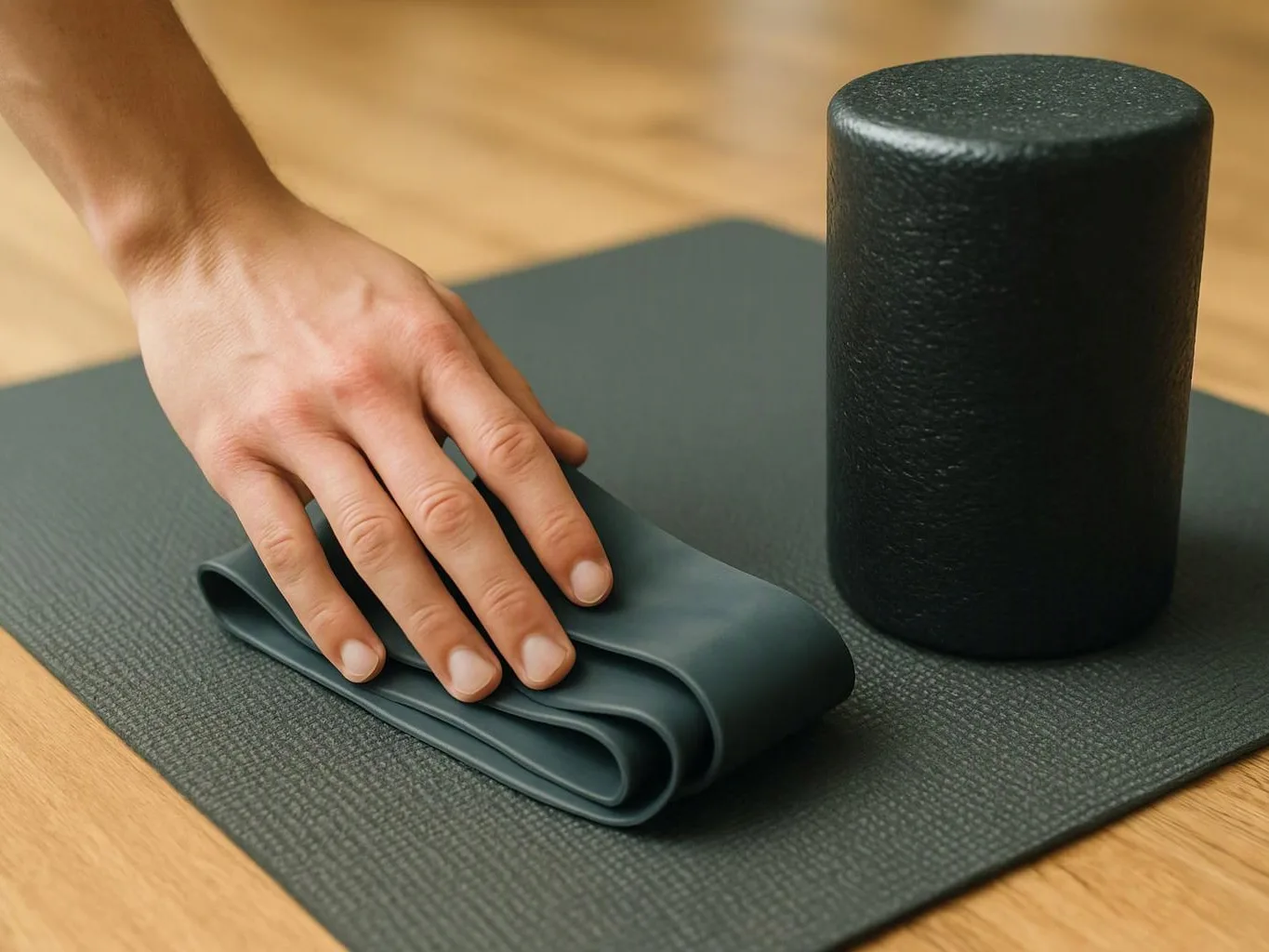 A hand presses a folded exercise mat beside a black foam roller on a wooden floor