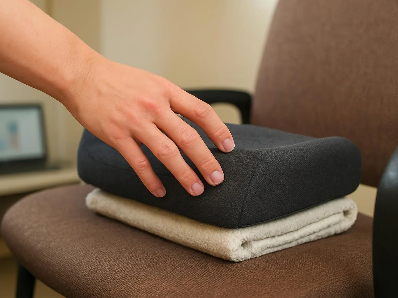 A hand rests on a black cushion stacked on a folded white towel on a brown chair