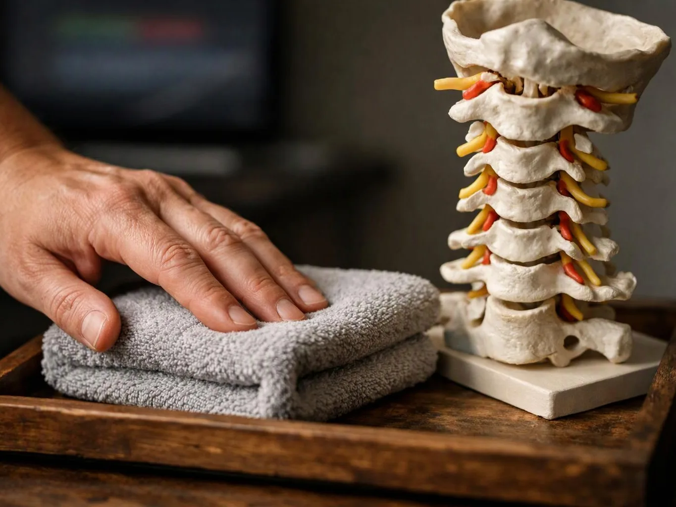 A hand rests on folded gray towels beside a spine model on a wooden tray