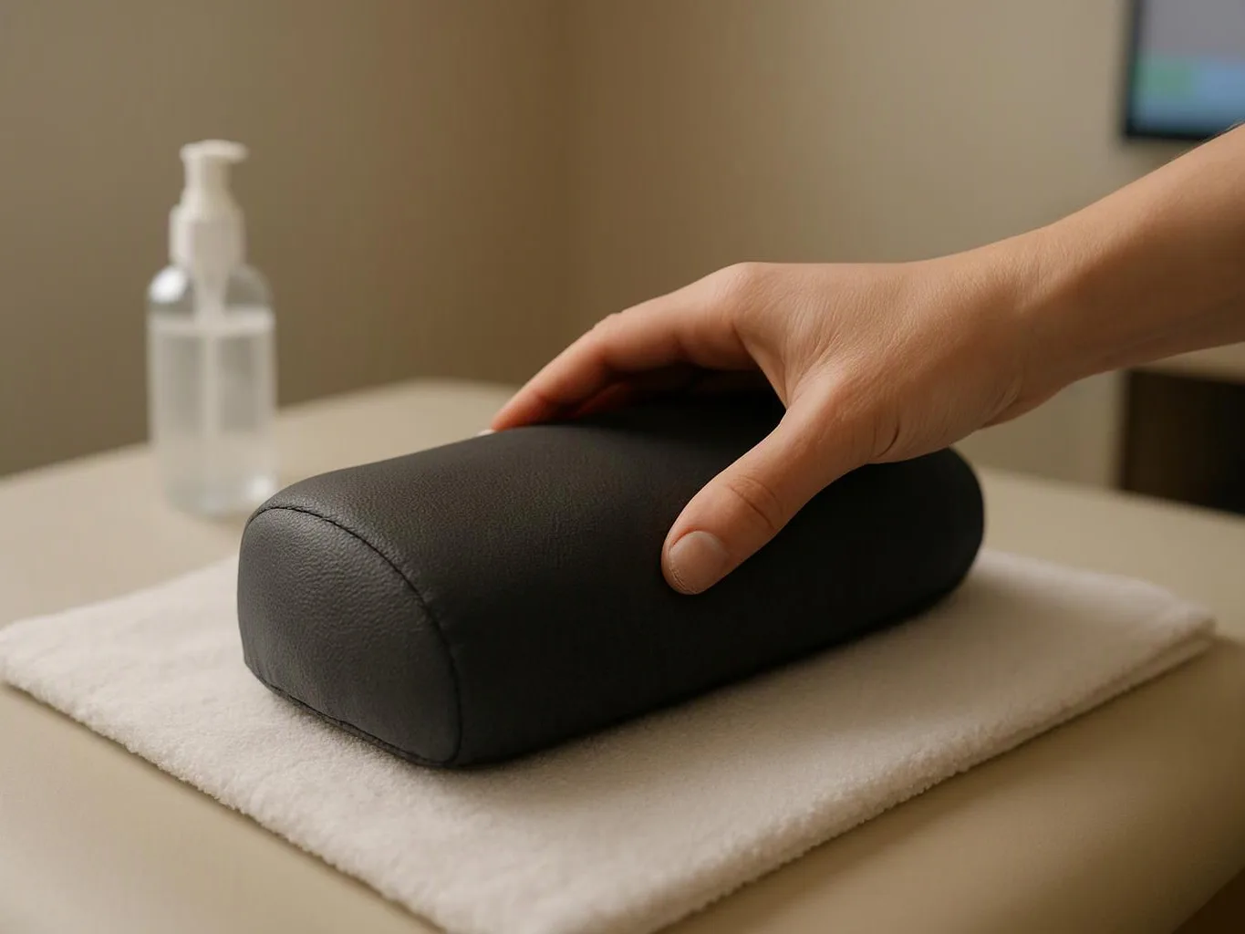 A hand steadies a black cylindrical cushion on a white towel beside a pump bottle