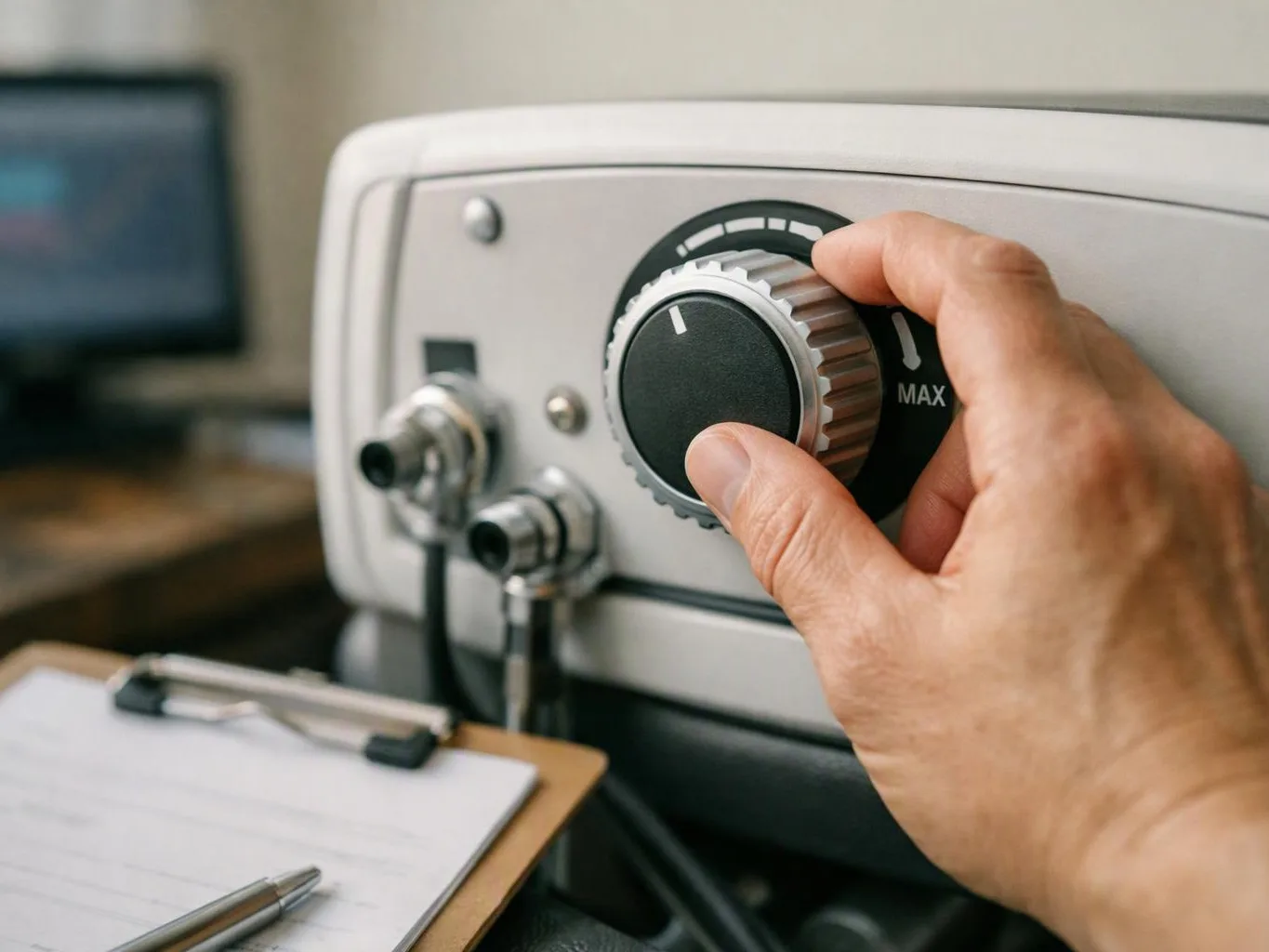 A hand turns a large dial on a gray machine beside cables, with a notepad and pen in front