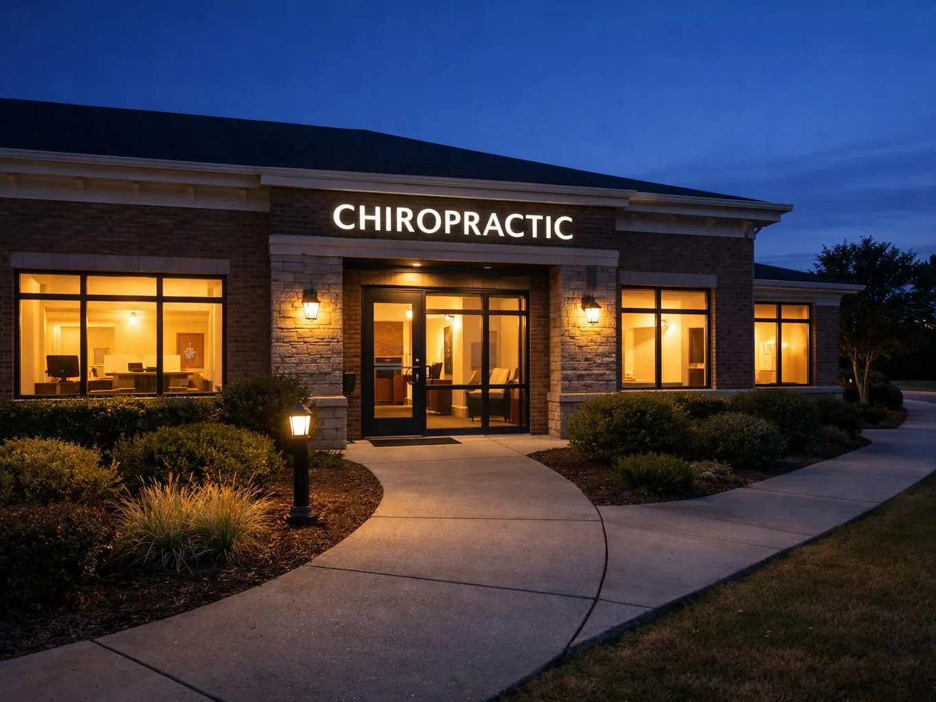A lit chiropractic clinic building at dusk with glowing windows and a curved walkway leading to the entrance