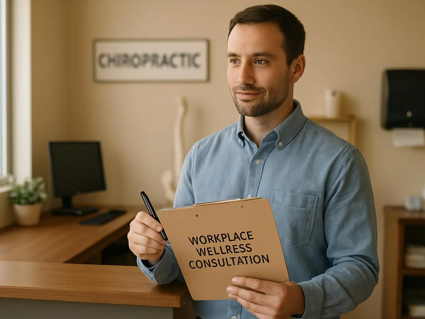 A man in a blue shirt holds a clipboard labeled "WORKPLACE WELLNESS CONSULTATION" in a chiropractic office