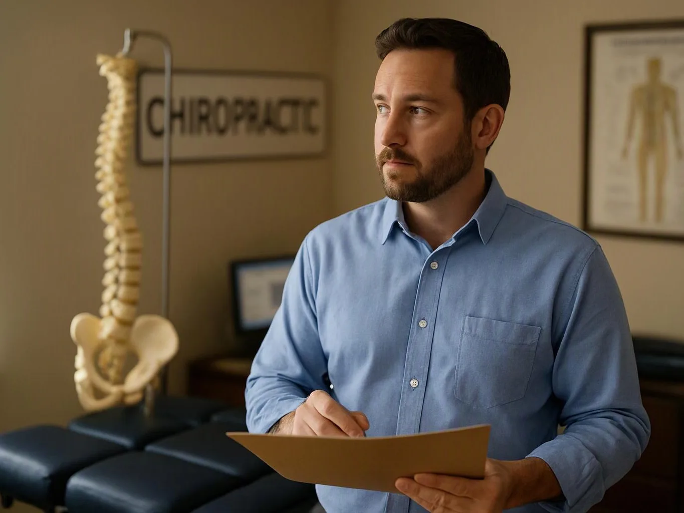 A man in a blue shirt holds a folder in a chiropractic exam room with a spine model and wall charts