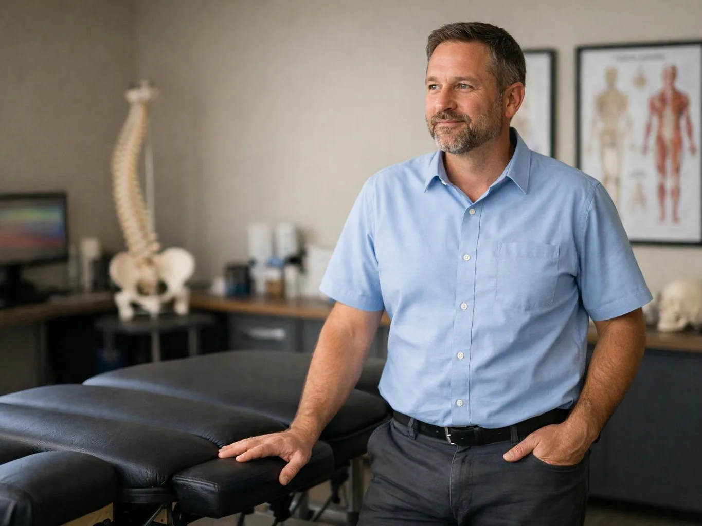 A man in a blue shirt stands beside a black exam table in a medical office with anatomy charts and a spine model