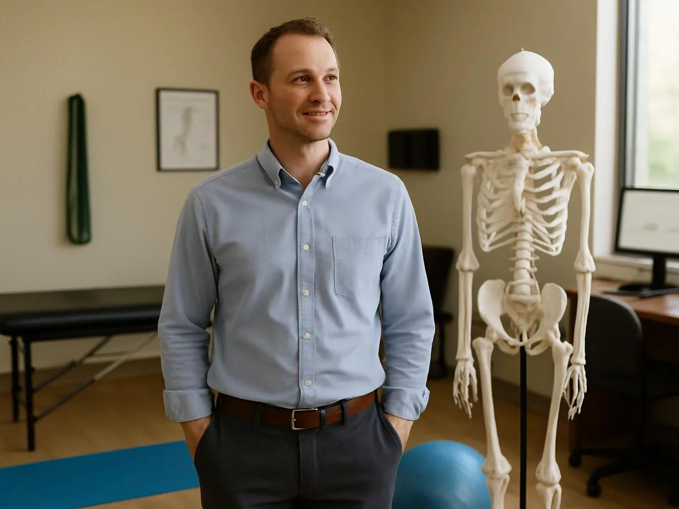 A man in a blue shirt stands beside a skeleton model in a bright clinic room