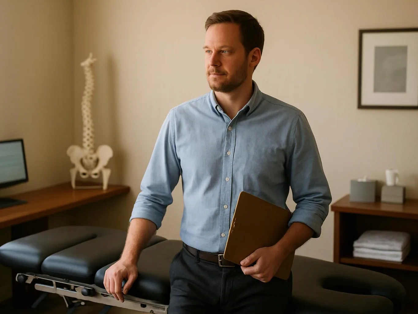 A man in a blue shirt stands beside a treatment table, holding a brown folder in a small exam room