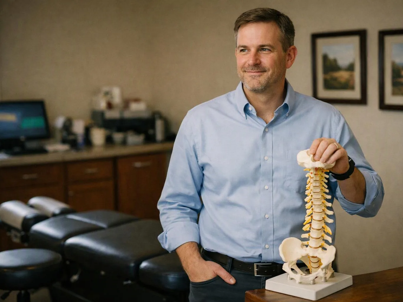 A man in a blue shirt stands in a clinic, holding a spine model beside an exam table