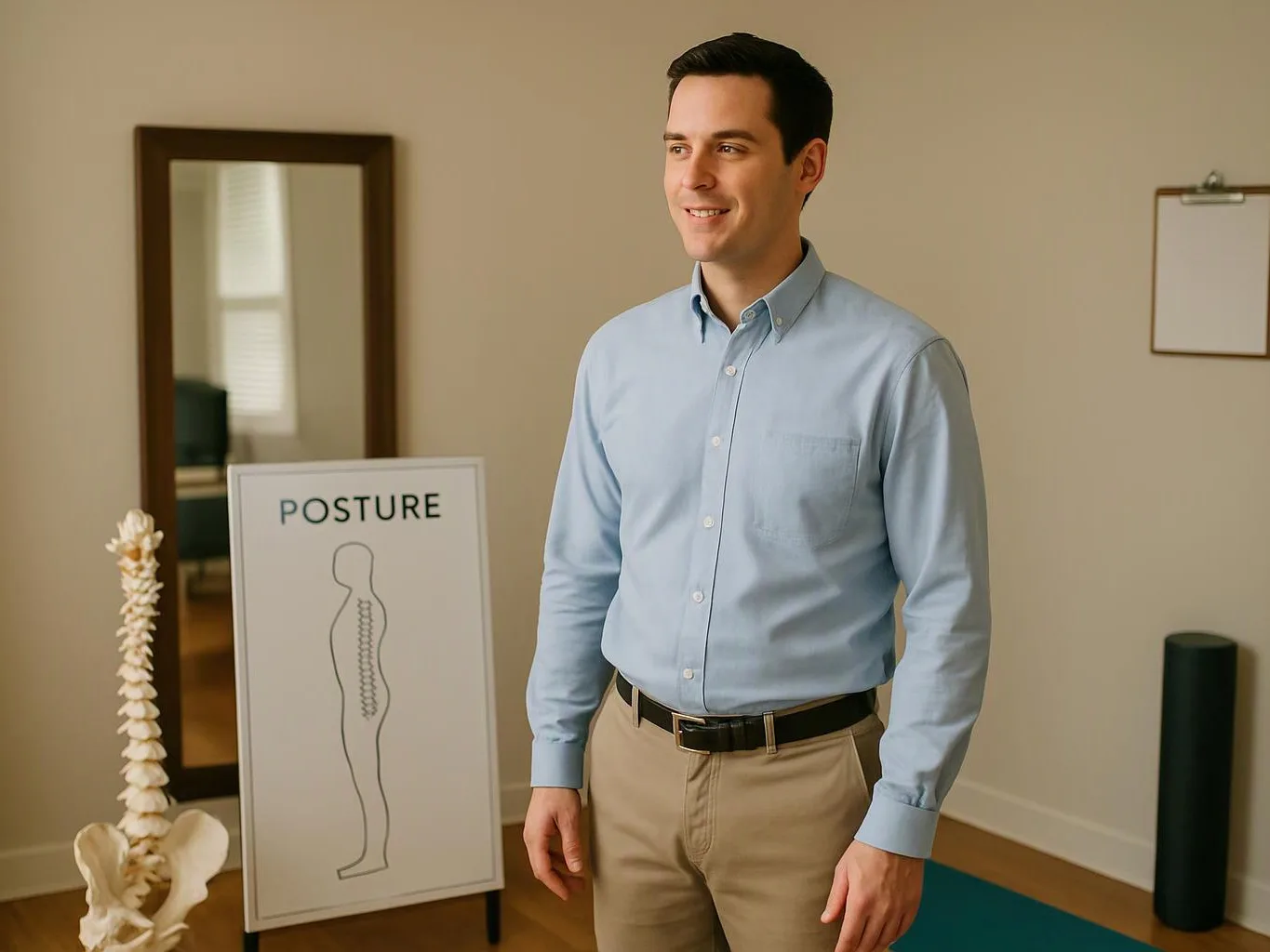 A man in a blue shirt stands in a room beside a posture chart and spine model