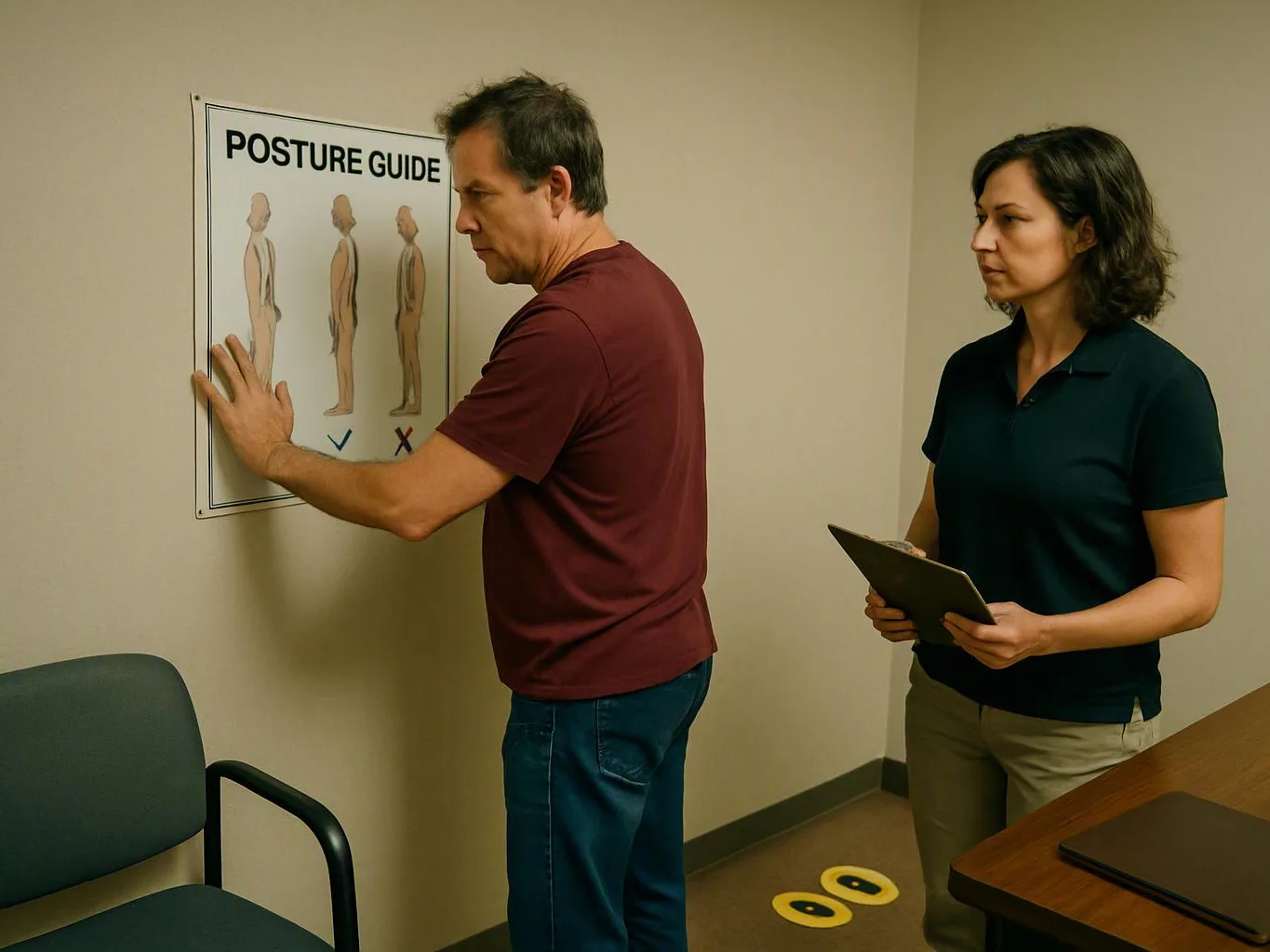 A man points at a posture guide poster while a woman stands nearby holding a clipboard in a plain office room