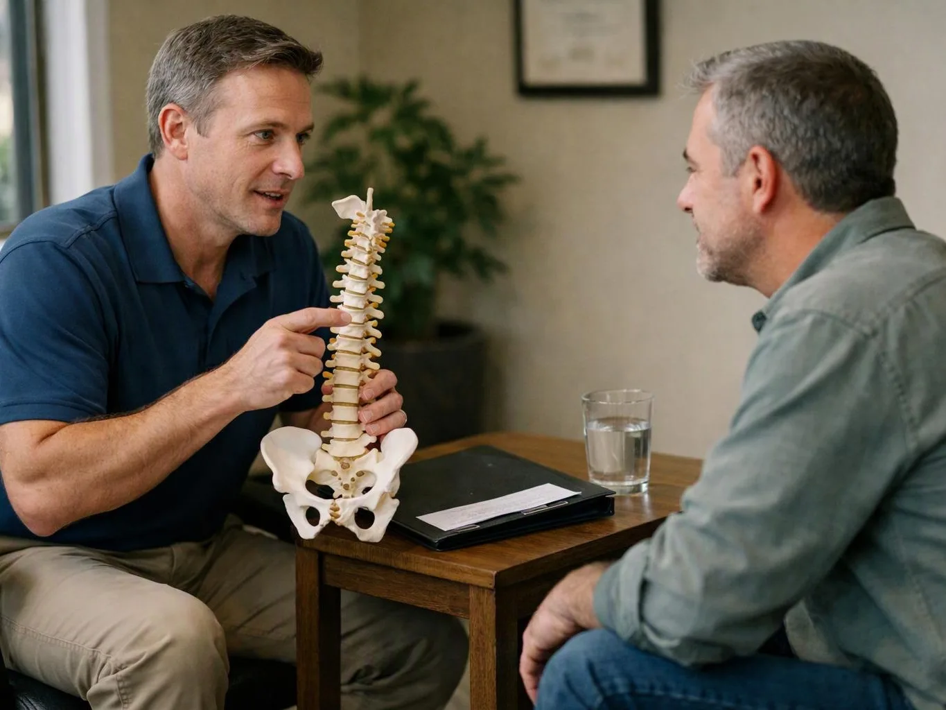 A man points to a spine model while talking to another man across a small table in a clinic room