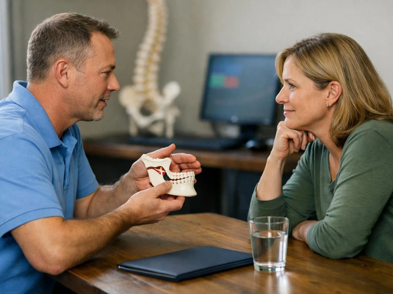 A man shows a dental model to a woman across a table in a clinic office